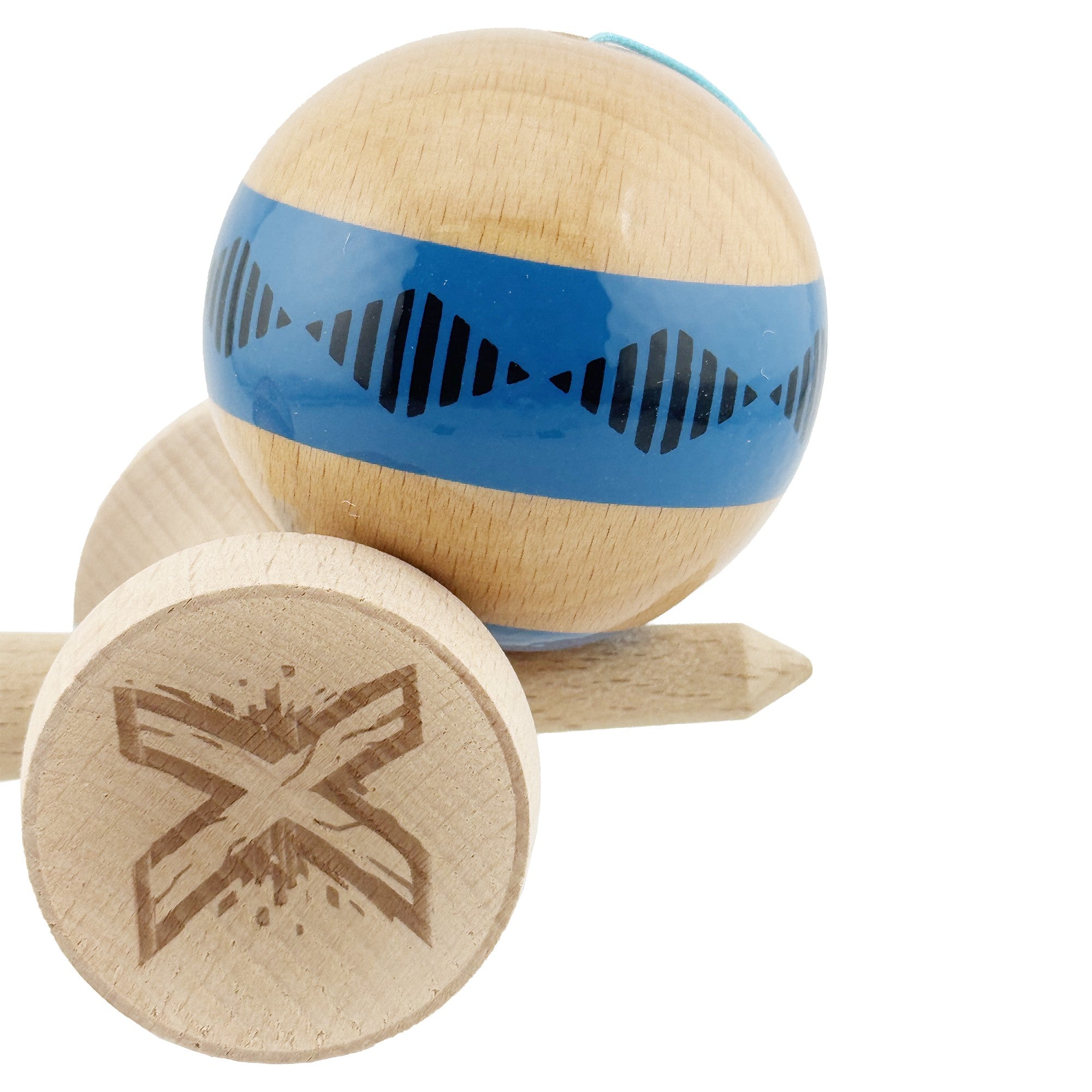 Kendama X Originala FREQUENCY, Profesionala, Cupe Mari KING SIZE V3, Super Sticky, Gaura in Baza, Rulment Metalic, din lemn 18 cm, Ata 62/65 cm, Albastru/Maro
