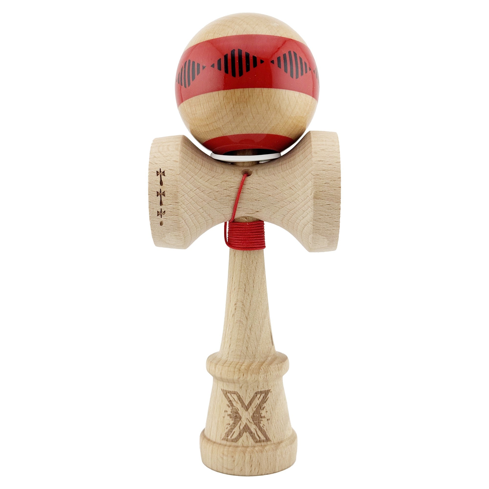 Kendama X Originala FREQUENCY, Profesionala, Cupe Mari KING SIZE V3, Super Sticky, Gaura in Baza, Rulment Metalic, din lemn 18 cm, Ata 62/65 cm, Rosu/Maro