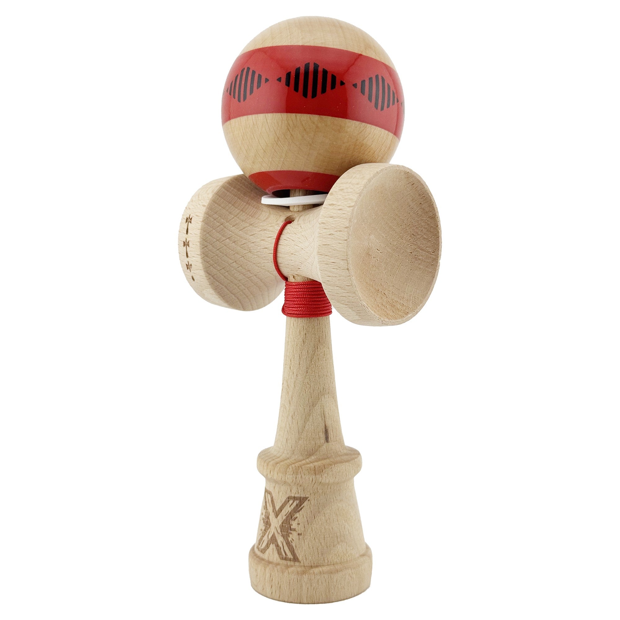Kendama X Originala FREQUENCY, Profesionala, Cupe Mari KING SIZE V3, Super Sticky, Gaura in Baza, Rulment Metalic, din lemn 18 cm, Ata 62/65 cm, Rosu/Maro