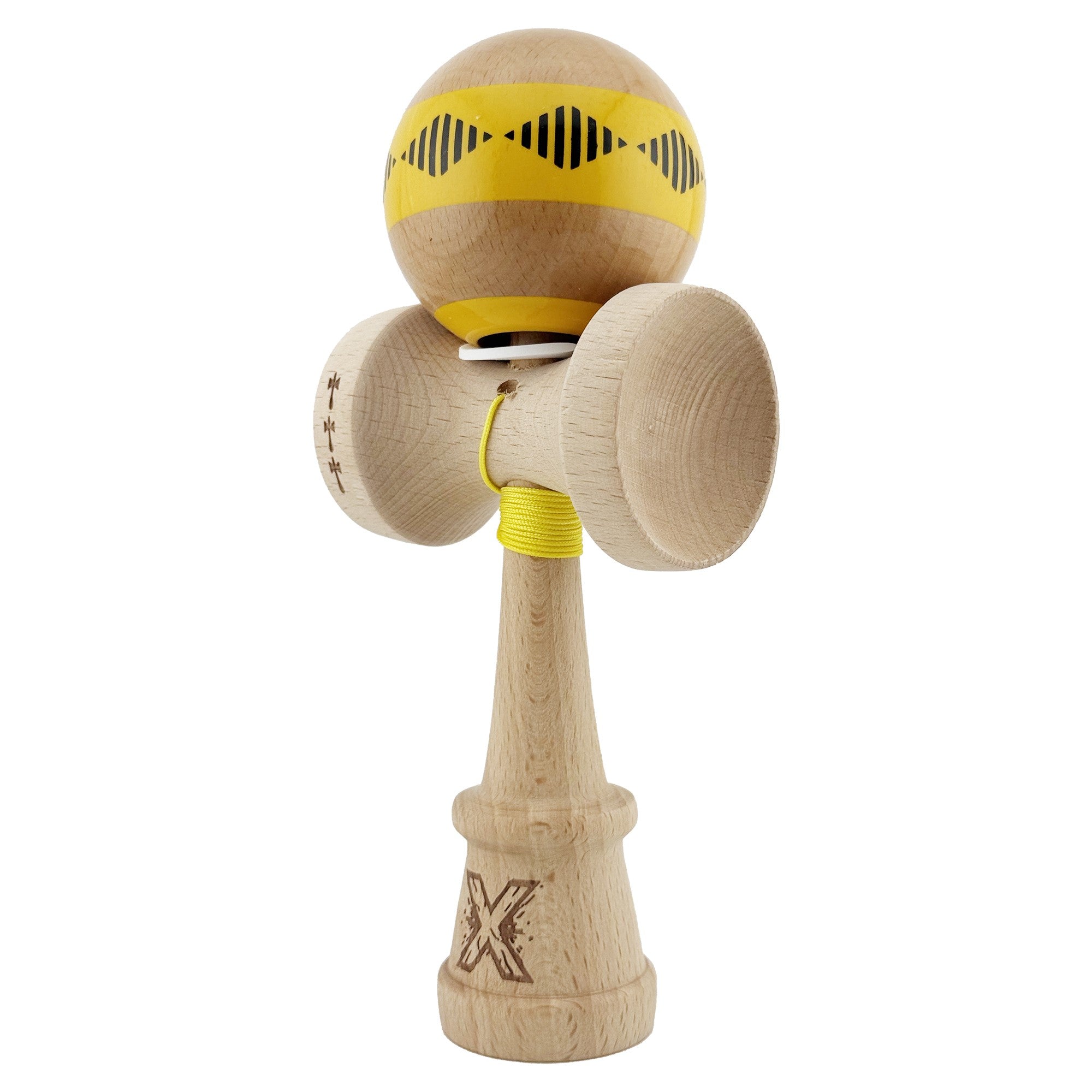 Kendama X Originala FREQUENCY, Profesionala, Cupe Mari KING SIZE V3, Super Sticky, Gaura in Baza, Rulment Metalic, din lemn 18 cm, Ata 62/65 cm, Galben/Maro