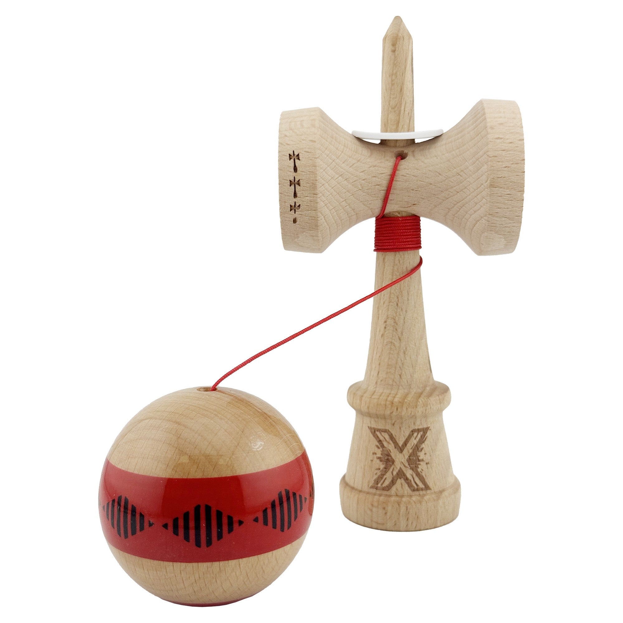 Kendama X Originala FREQUENCY, Profesionala, Cupe Mari KING SIZE V3, Super Sticky, Gaura in Baza, Rulment Metalic, din lemn 18 cm, Ata 62/65 cm, Rosu/Maro