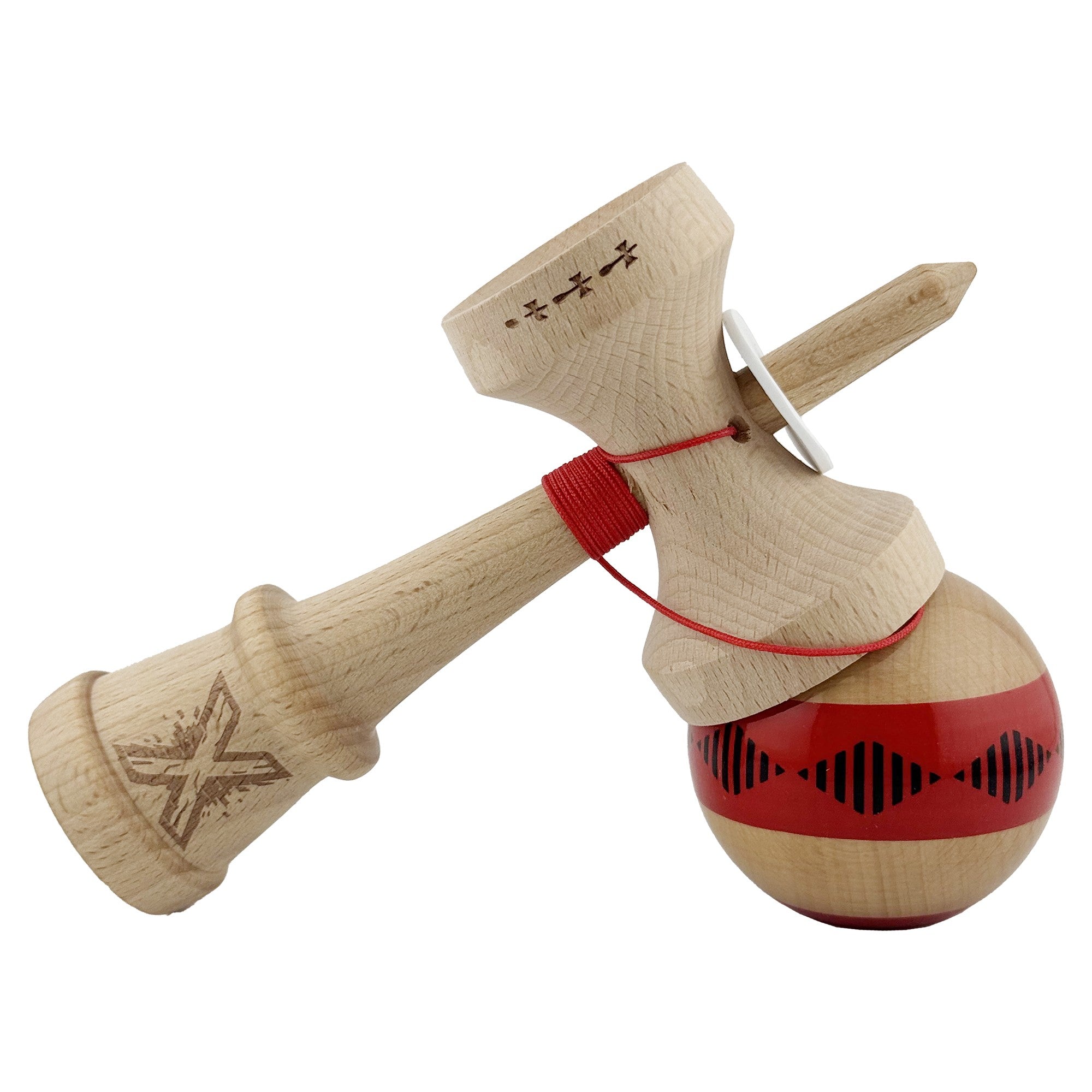 Kendama X Originala FREQUENCY, Profesionala, Cupe Mari KING SIZE V3, Super Sticky, Gaura in Baza, Rulment Metalic, din lemn 18 cm, Ata 62/65 cm, Rosu/Maro