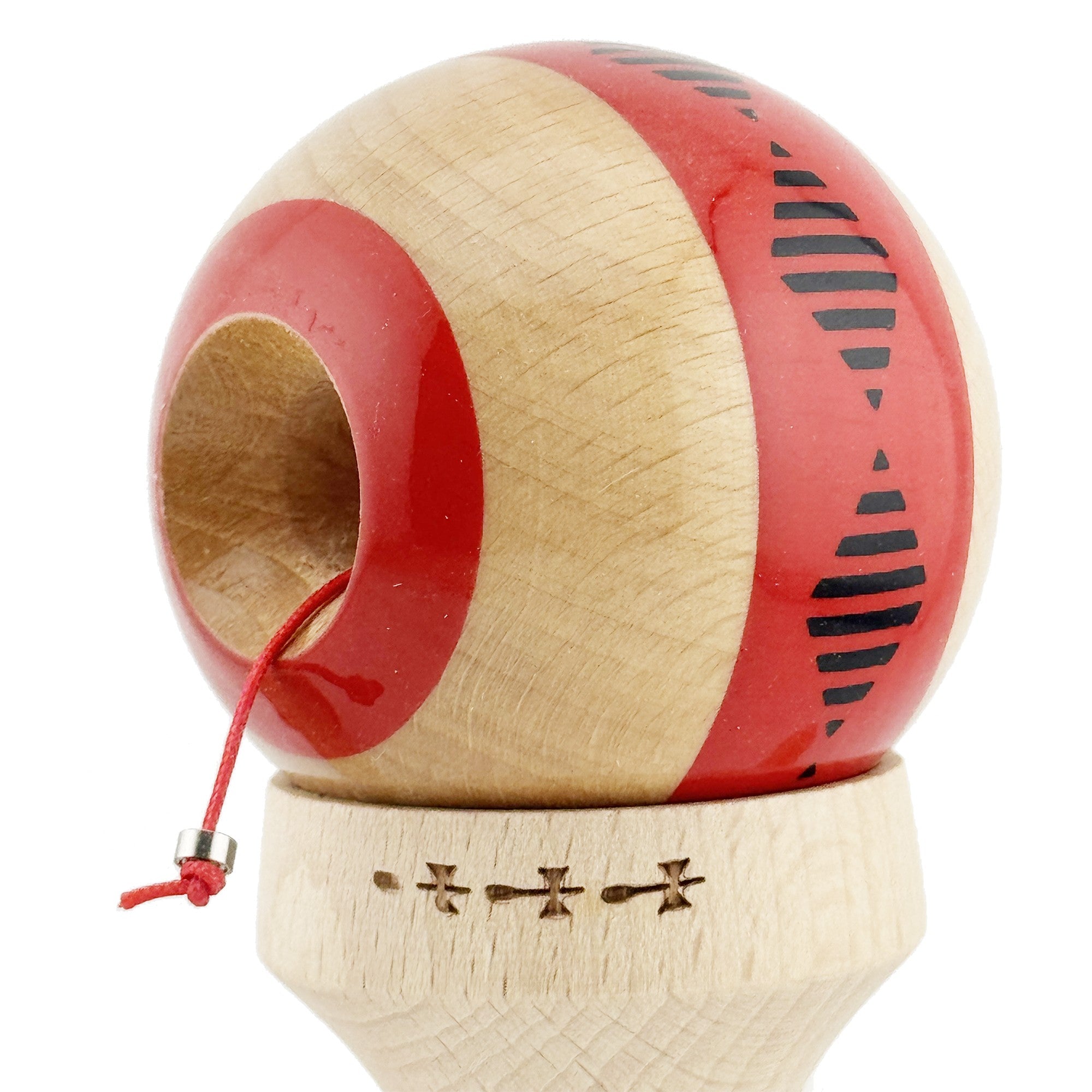 Kendama X Originala FREQUENCY, Profesionala, Cupe Mari KING SIZE V3, Super Sticky, Gaura in Baza, Rulment Metalic, din lemn 18 cm, Ata 62/65 cm, Rosu/Maro