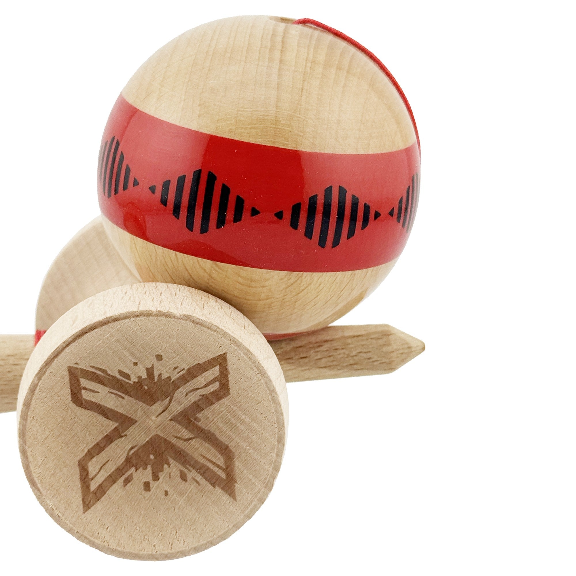 Kendama X Originala FREQUENCY, Profesionala, Cupe Mari KING SIZE V3, Super Sticky, Gaura in Baza, Rulment Metalic, din lemn 18 cm, Ata 62/65 cm, Rosu/Maro