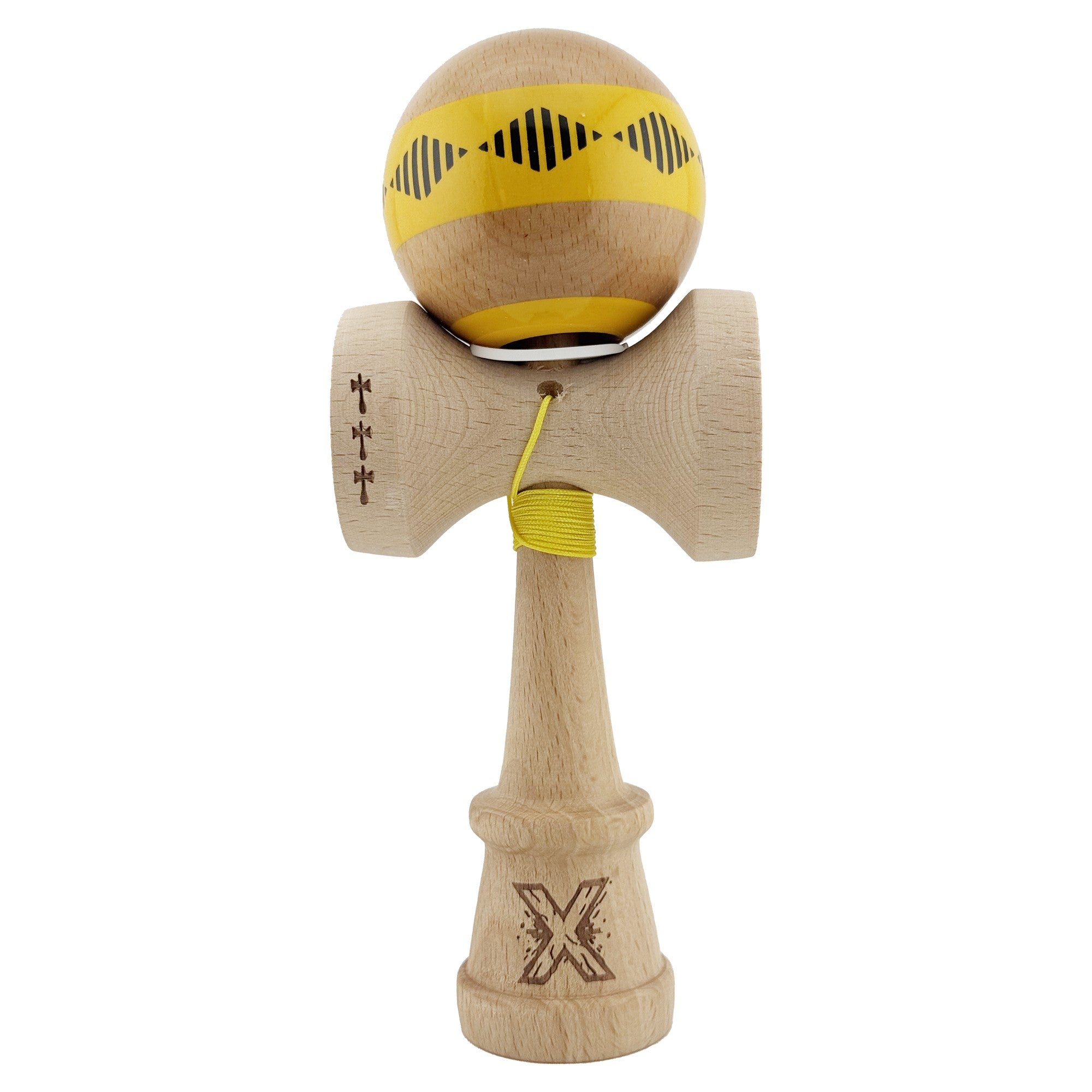 Kendama X Originala FREQUENCY, Profesionala, Cupe Mari KING SIZE V3, Super Sticky, Gaura in Baza, Rulment Metalic, din lemn 18 cm, Ata 62/65 cm, Galben/Maro