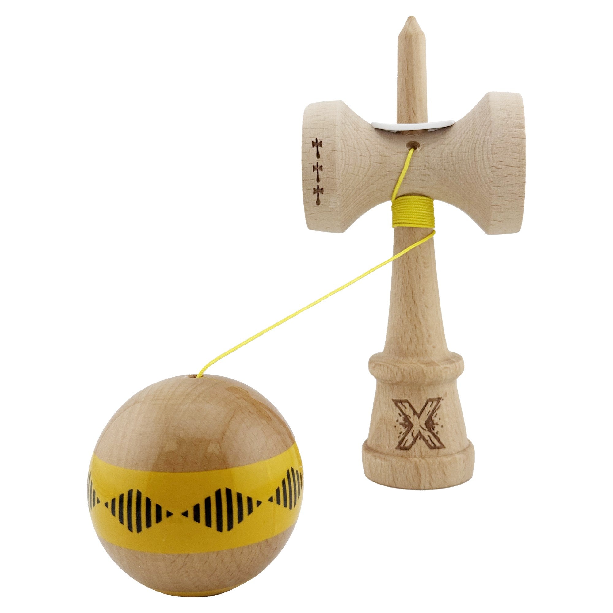 Kendama X Originala FREQUENCY, Profesionala, Cupe Mari KING SIZE V3, Super Sticky, Gaura in Baza, Rulment Metalic, din lemn 18 cm, Ata 62/65 cm, Galben/Maro