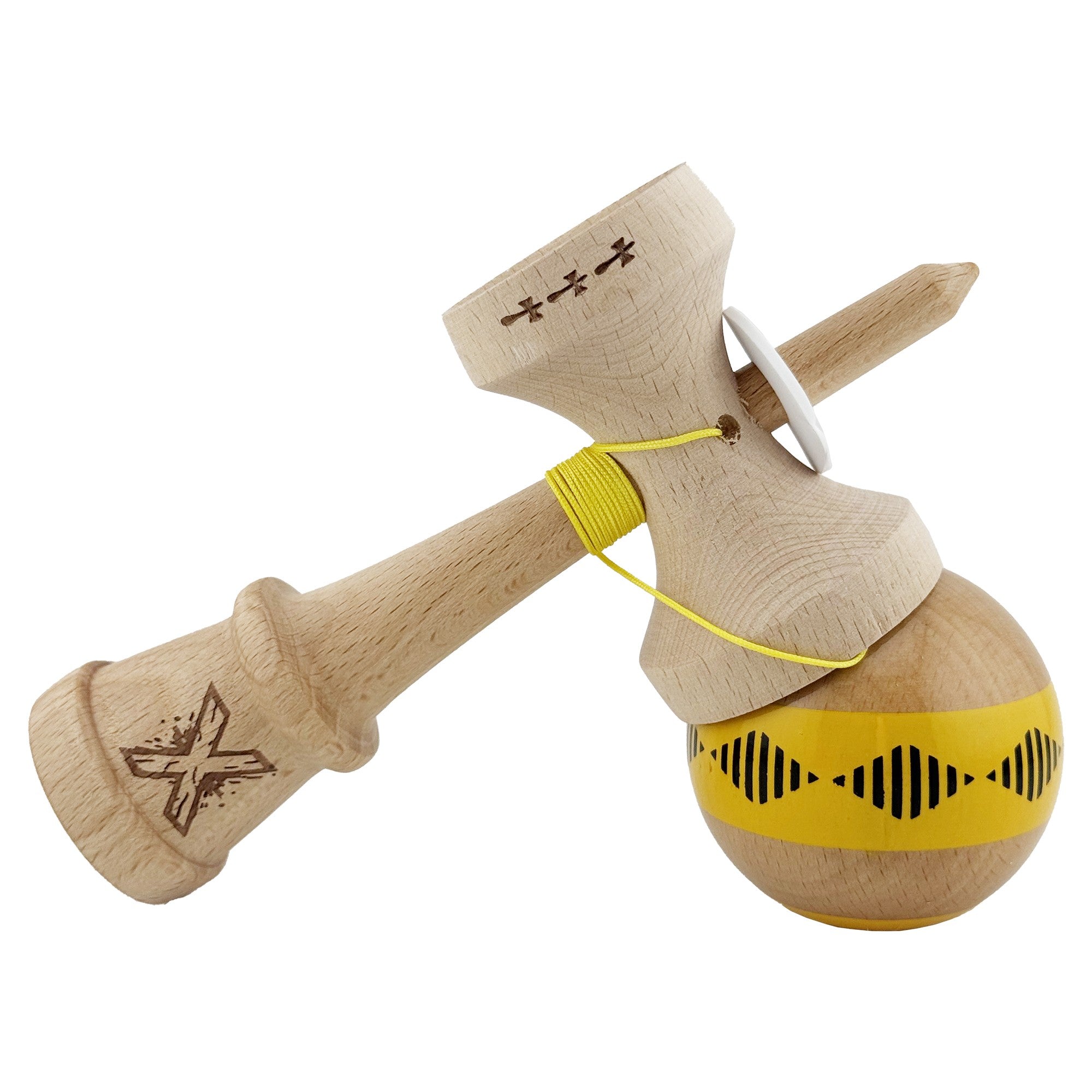 Kendama X Originala FREQUENCY, Profesionala, Cupe Mari KING SIZE V3, Super Sticky, Gaura in Baza, Rulment Metalic, din lemn 18 cm, Ata 62/65 cm, Galben/Maro