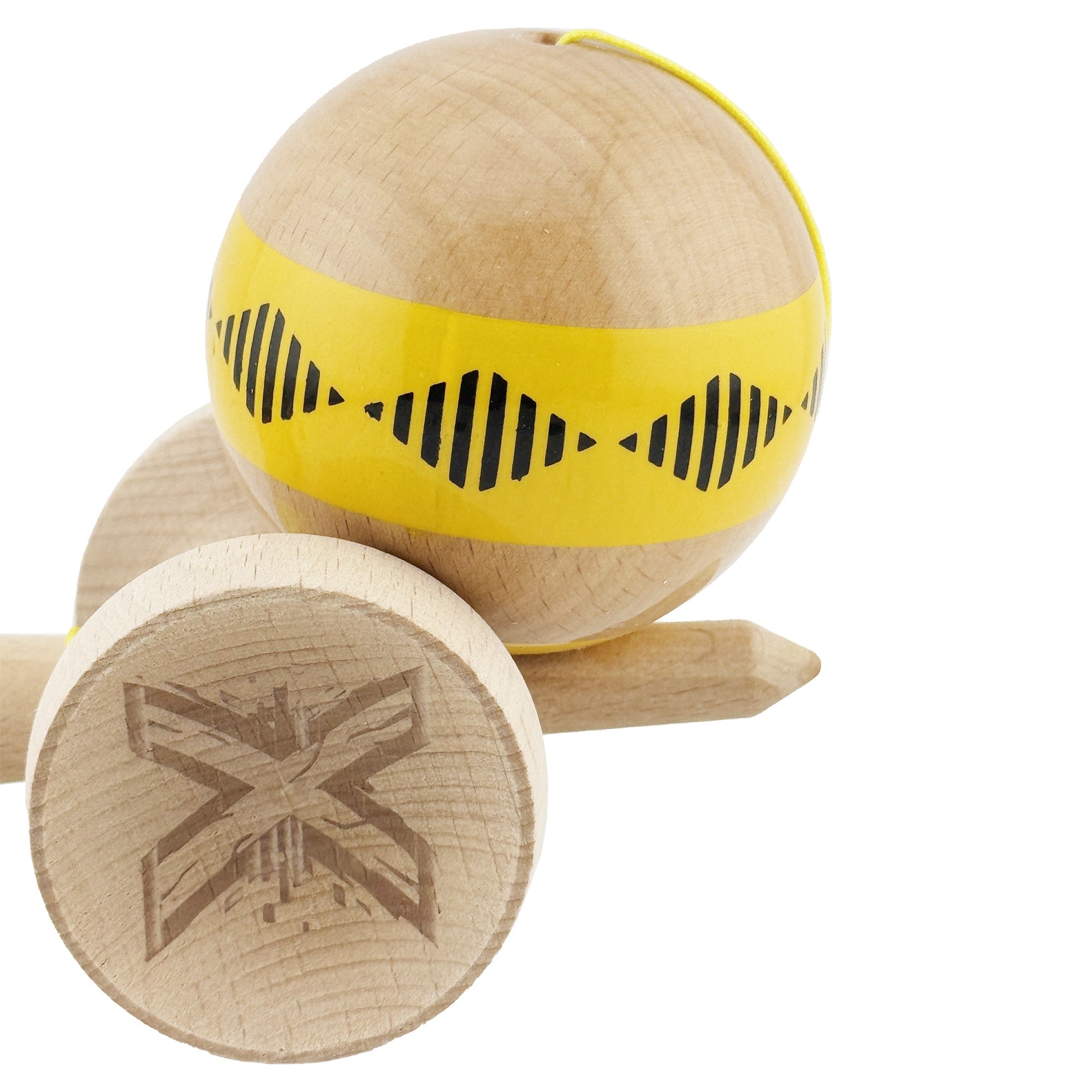 Kendama X Originala FREQUENCY, Profesionala, Cupe Mari KING SIZE V3, Super Sticky, Gaura in Baza, Rulment Metalic, din lemn 18 cm, Ata 62/65 cm, Galben/Maro