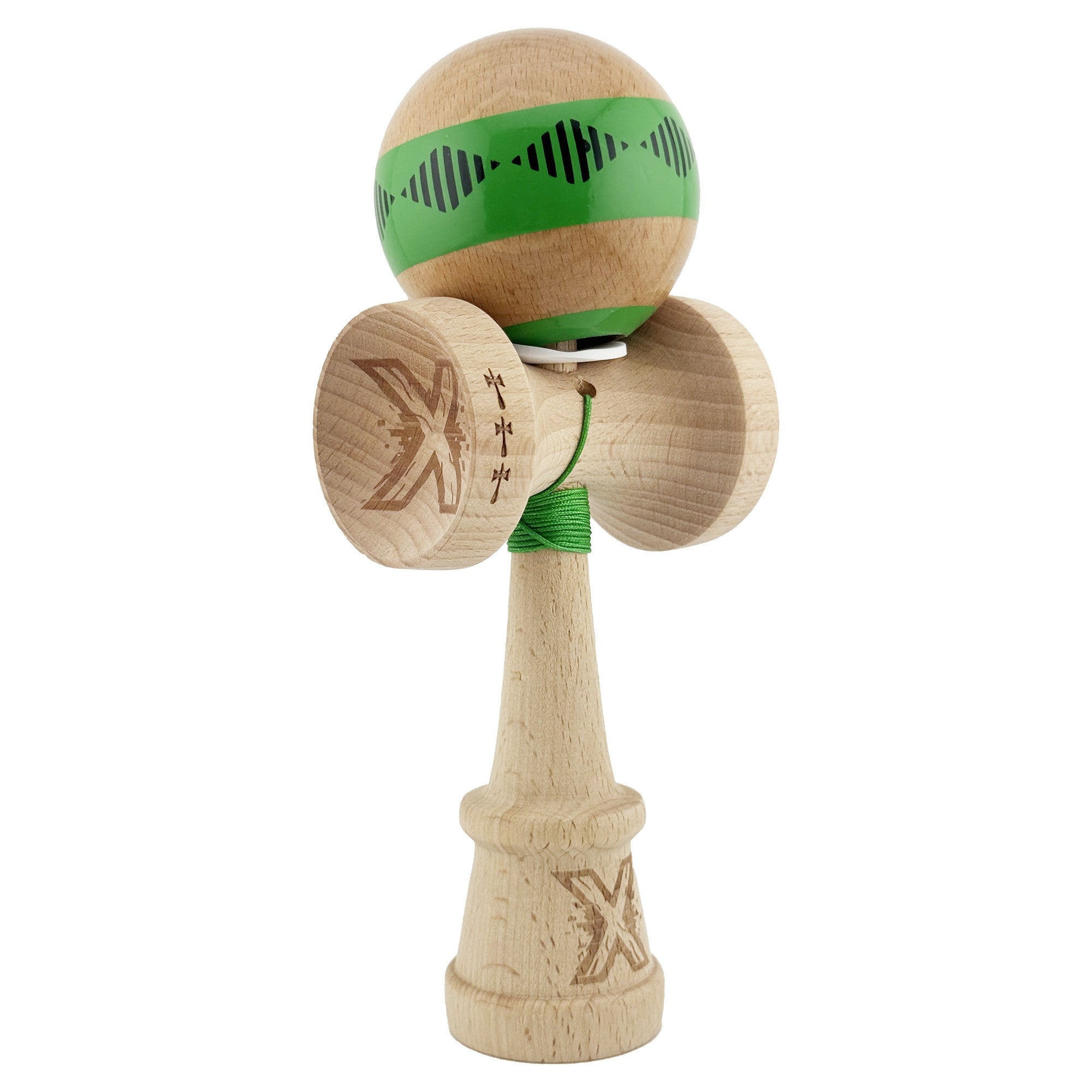 Kendama X Originala FREQUENCY, Profesionala, Cupe Mari KING SIZE V3, Super Sticky, Gaura in Baza, Rulment Metalic, din lemn 18 cm, Ata 62/65 cm, Verde/Maro