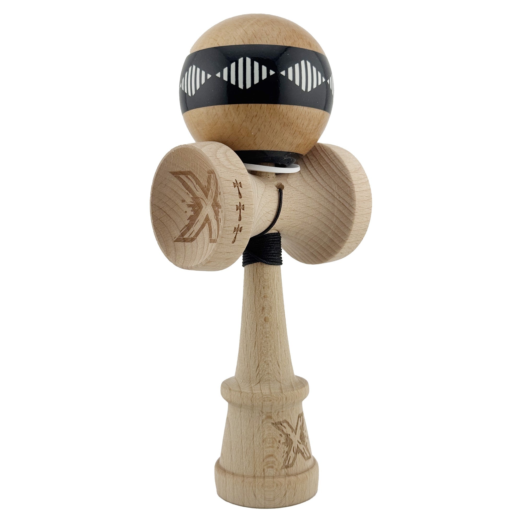 Kendama X Originala FREQUENCY, Profesionala, Cupe Mari KING SIZE V3, Super Sticky, Gaura in Baza, Rulment Metalic, din lemn 18 cm, Ata 62/65 cm, Negru/Maro