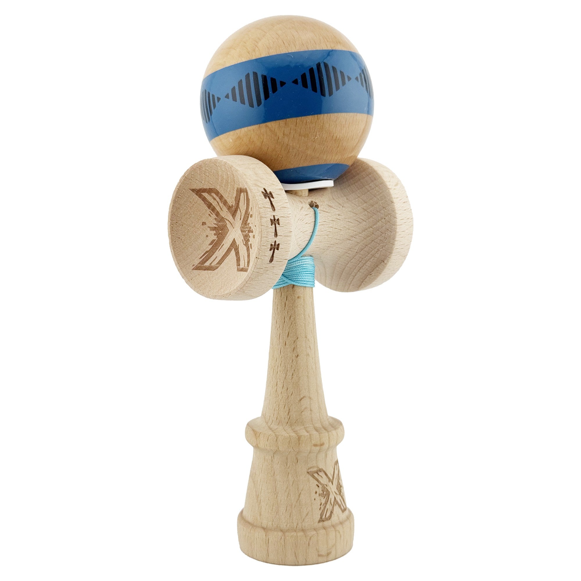 Kendama X Originala FREQUENCY, Profesionala, Cupe Mari KING SIZE V3, Super Sticky, Gaura in Baza, Rulment Metalic, din lemn 18 cm, Ata 62/65 cm, Albastru/Maro