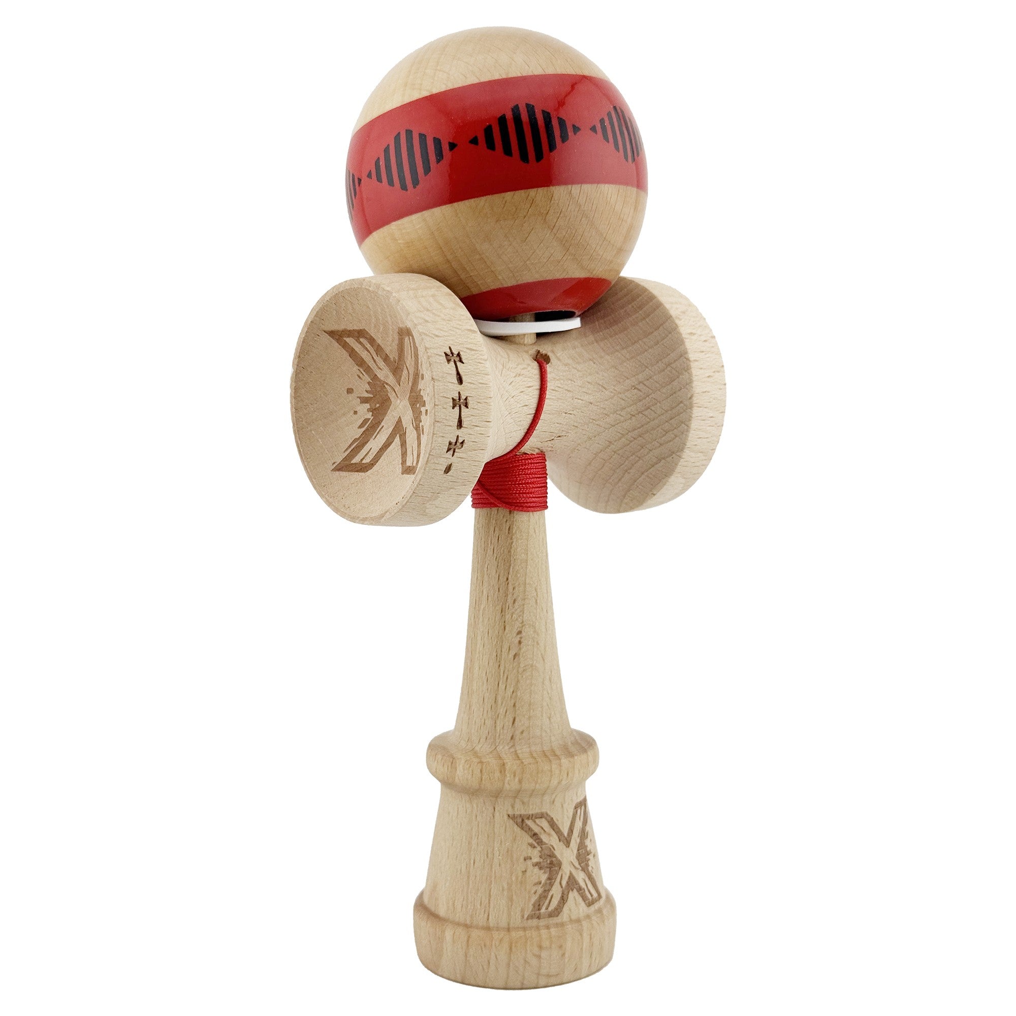 Kendama X Originala FREQUENCY, Profesionala, Cupe Mari KING SIZE V3, Super Sticky, Gaura in Baza, Rulment Metalic, din lemn 18 cm, Ata 62/65 cm, Rosu/Maro