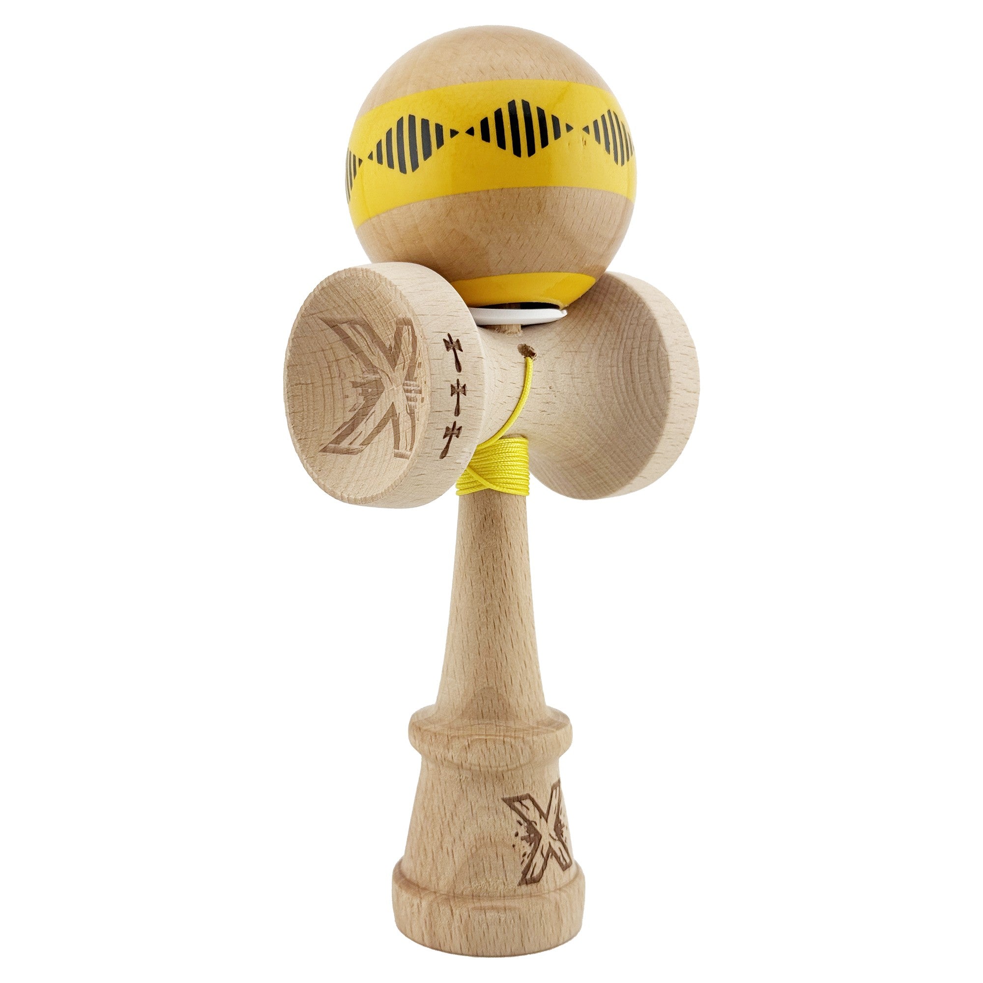 Kendama X Originala FREQUENCY, Profesionala, Cupe Mari KING SIZE V3, Super Sticky, Gaura in Baza, Rulment Metalic, din lemn 18 cm, Ata 62/65 cm, Galben/Maro