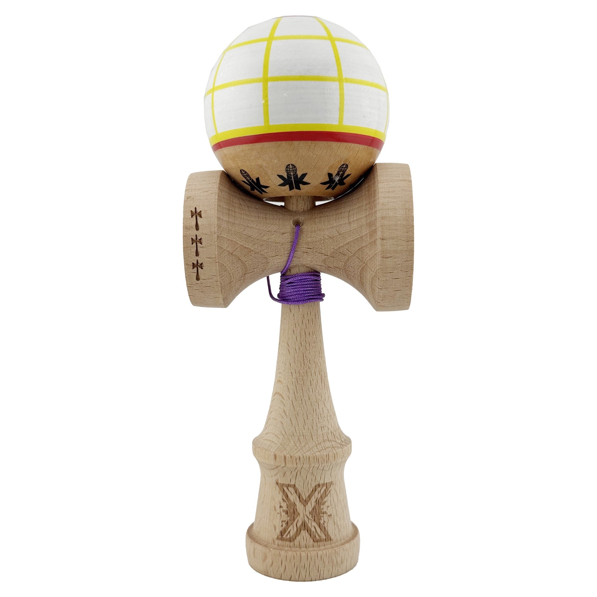 Kendama X Originala, Profesionala, Big Cups V2, Model Glob Super Sticky Legendary Cupe Mari, Rulment Metalic cu Ata 55 cm, Alb/Galben/Rosu