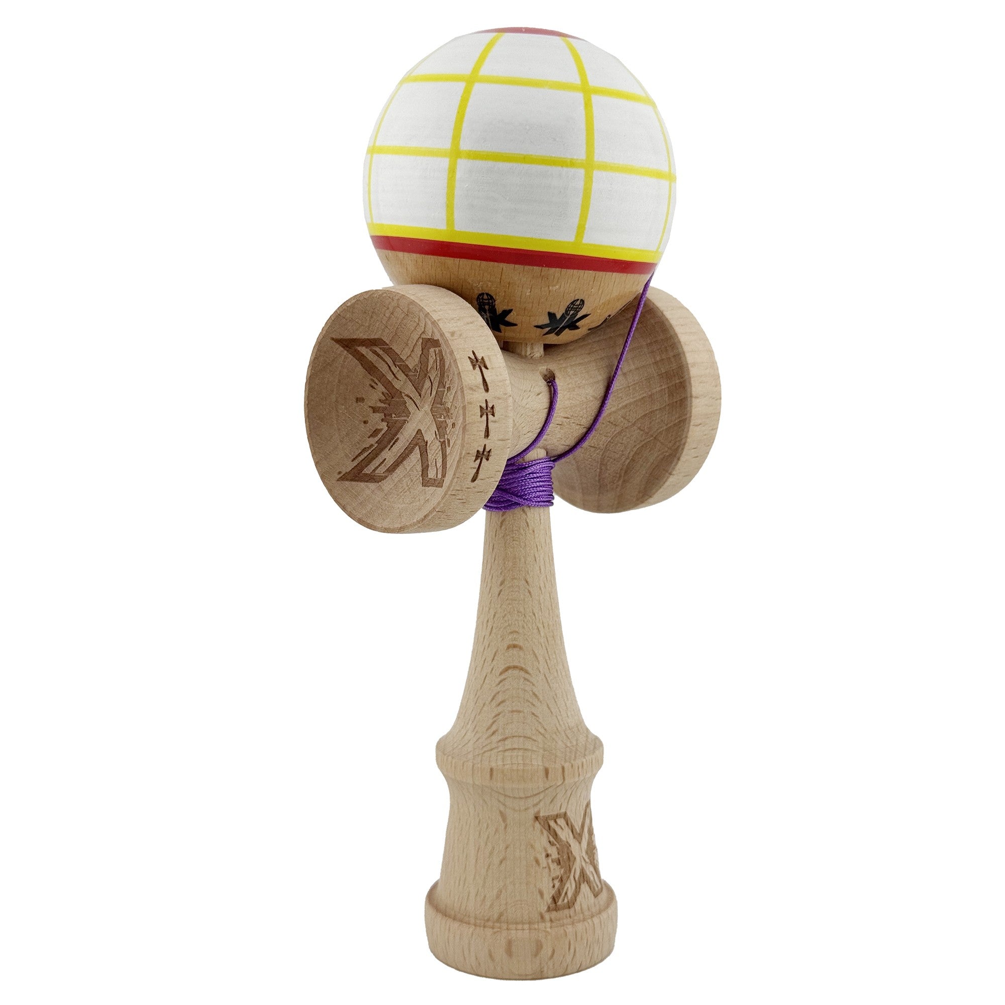 Kendama X Originala, Profesionala, Big Cups V2, Model Glob Super Sticky Legendary Cupe Mari, Rulment Metalic cu Ata 55 cm, Alb/Galben/Rosu
