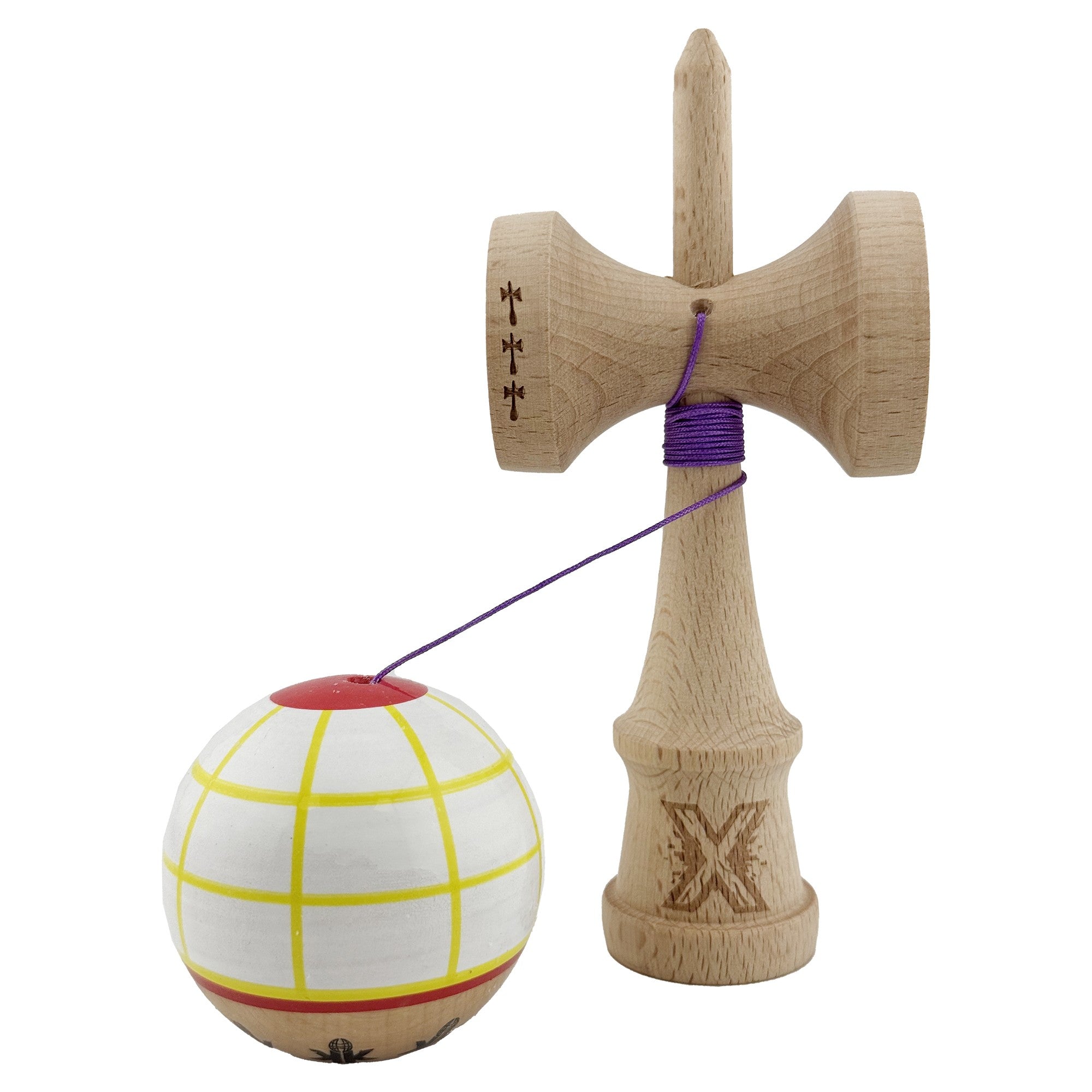 Kendama X Originala, Profesionala, Big Cups V2, Model Glob Super Sticky Legendary Cupe Mari, Rulment Metalic cu Ata 55 cm, Alb/Galben/Rosu