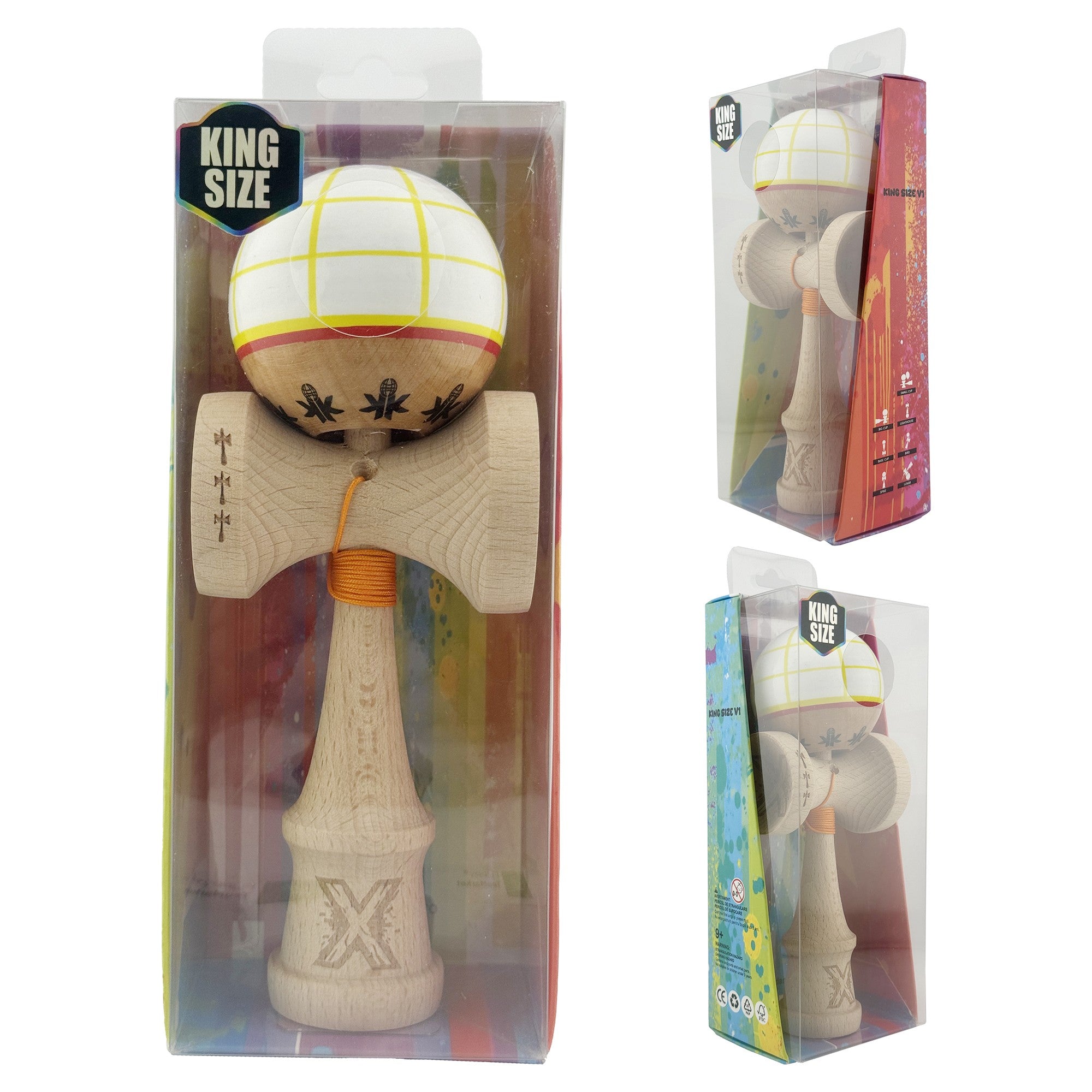 Kendama X Originala, Profesionala, Big Cups V2, Model Glob Super Sticky Legendary Cupe Mari, Rulment Metalic cu Ata 55 cm, Alb/Galben/Rosu