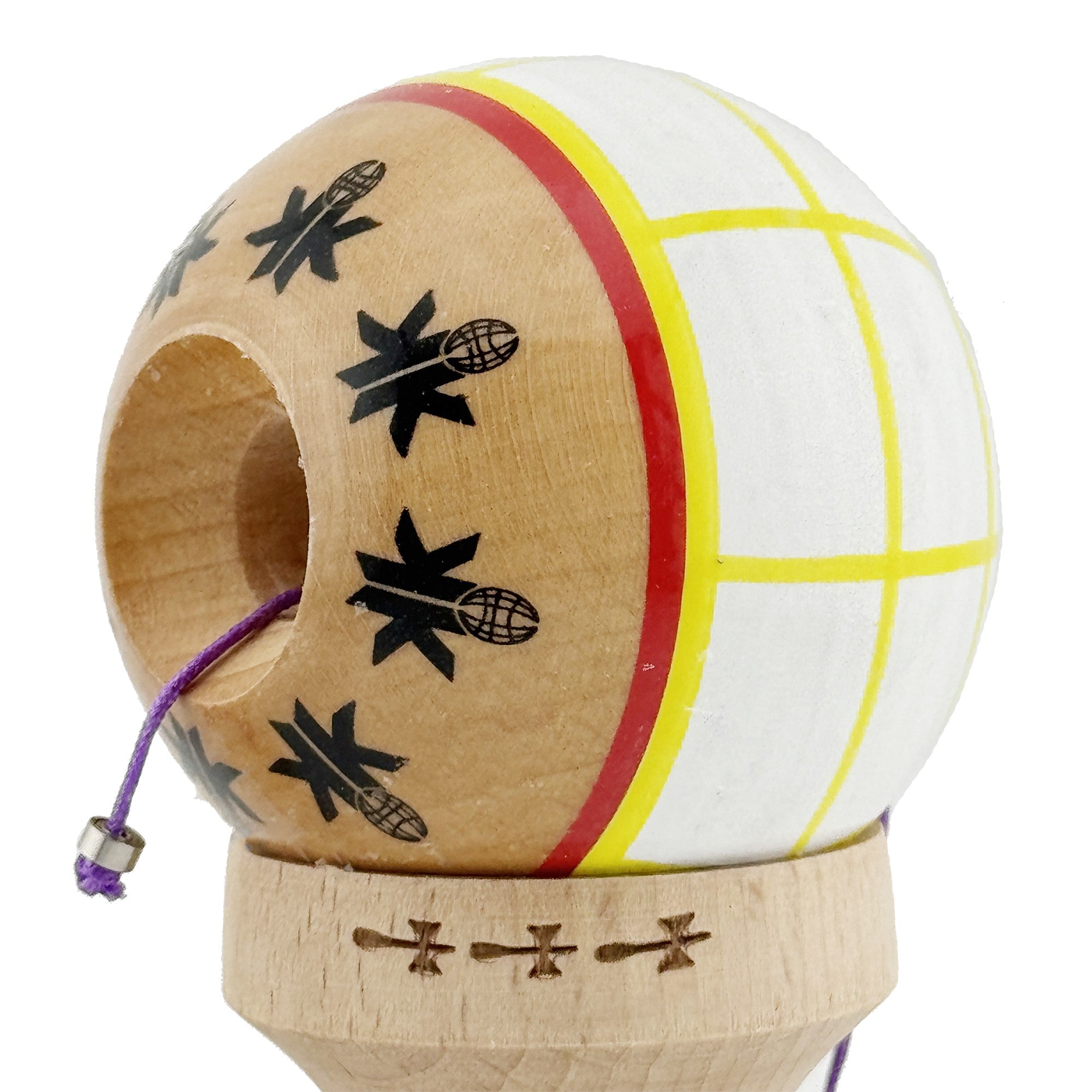 Kendama X Originala, Profesionala, Big Cups V2, Model Glob Super Sticky Legendary Cupe Mari, Rulment Metalic cu Ata 55 cm, Alb/Galben/Rosu