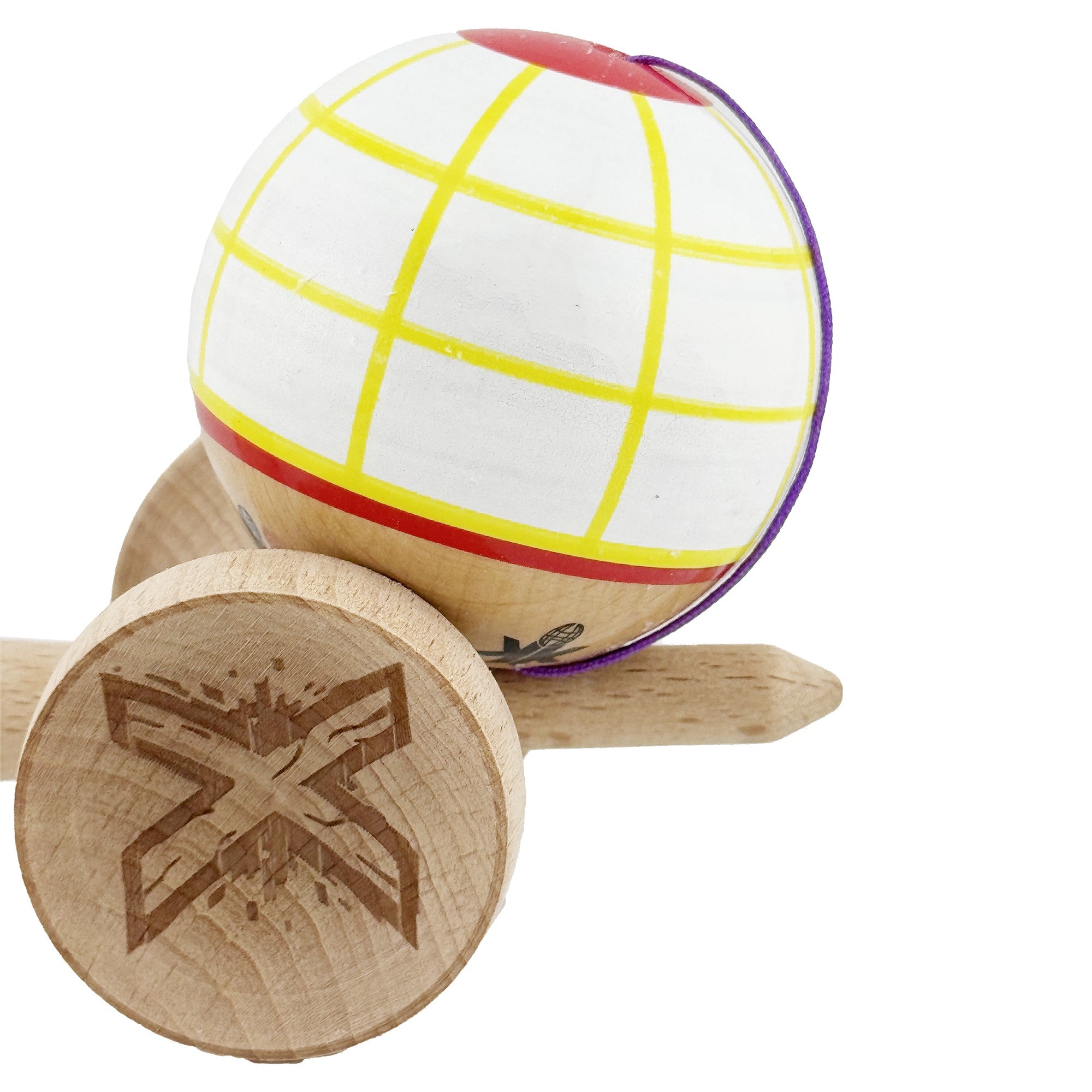 Kendama X Originala, Profesionala, Big Cups V2, Model Glob Super Sticky Legendary Cupe Mari, Rulment Metalic cu Ata 55 cm, Alb/Galben/Rosu