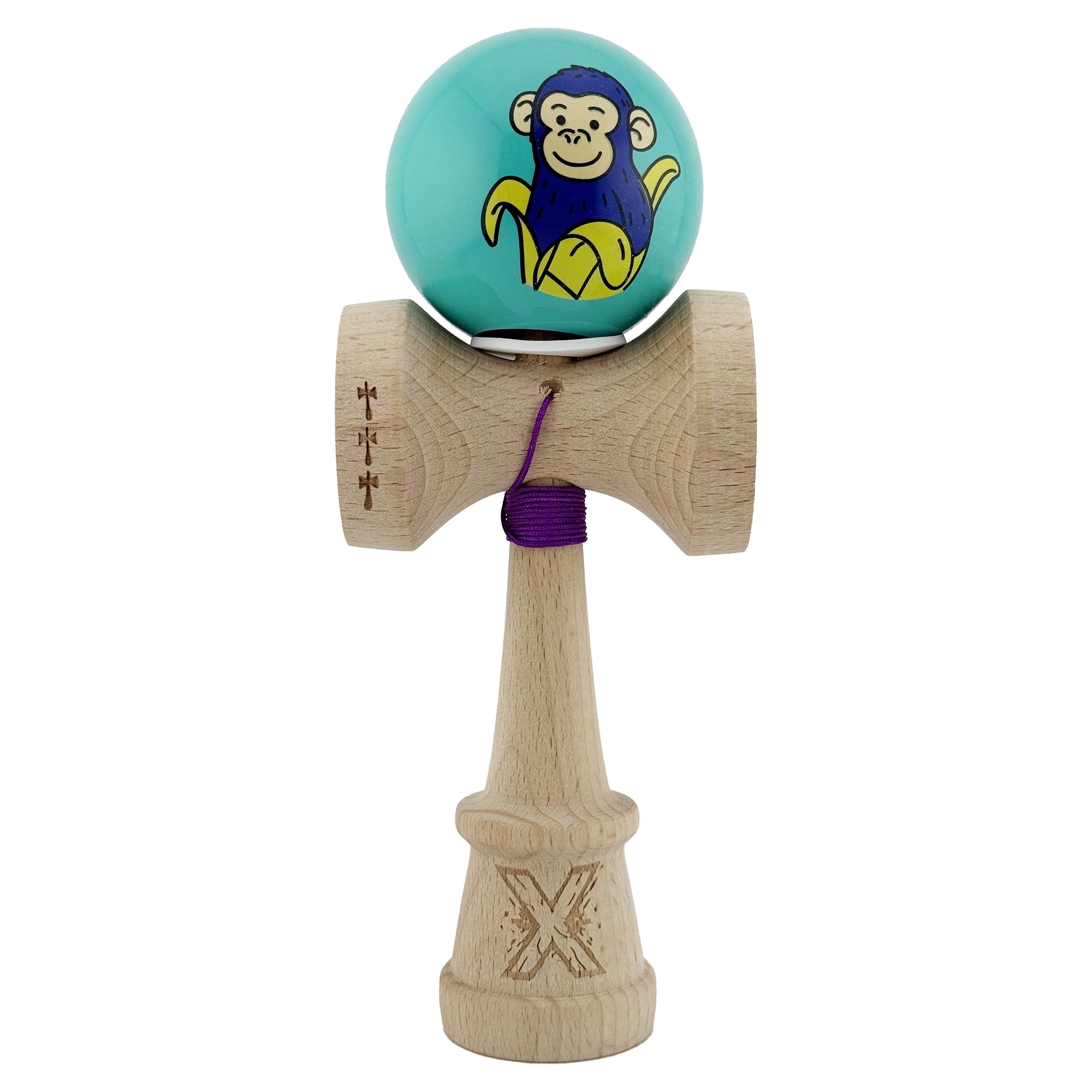 Kendama X Originala, Profesionala, Blue Monkey, Super Sticky cu Cupe Mari King Size V3, Rulment Metalic si Gaura in Baza, din Lemn 18 cm, Ata 62/65 cm, Turcoaz