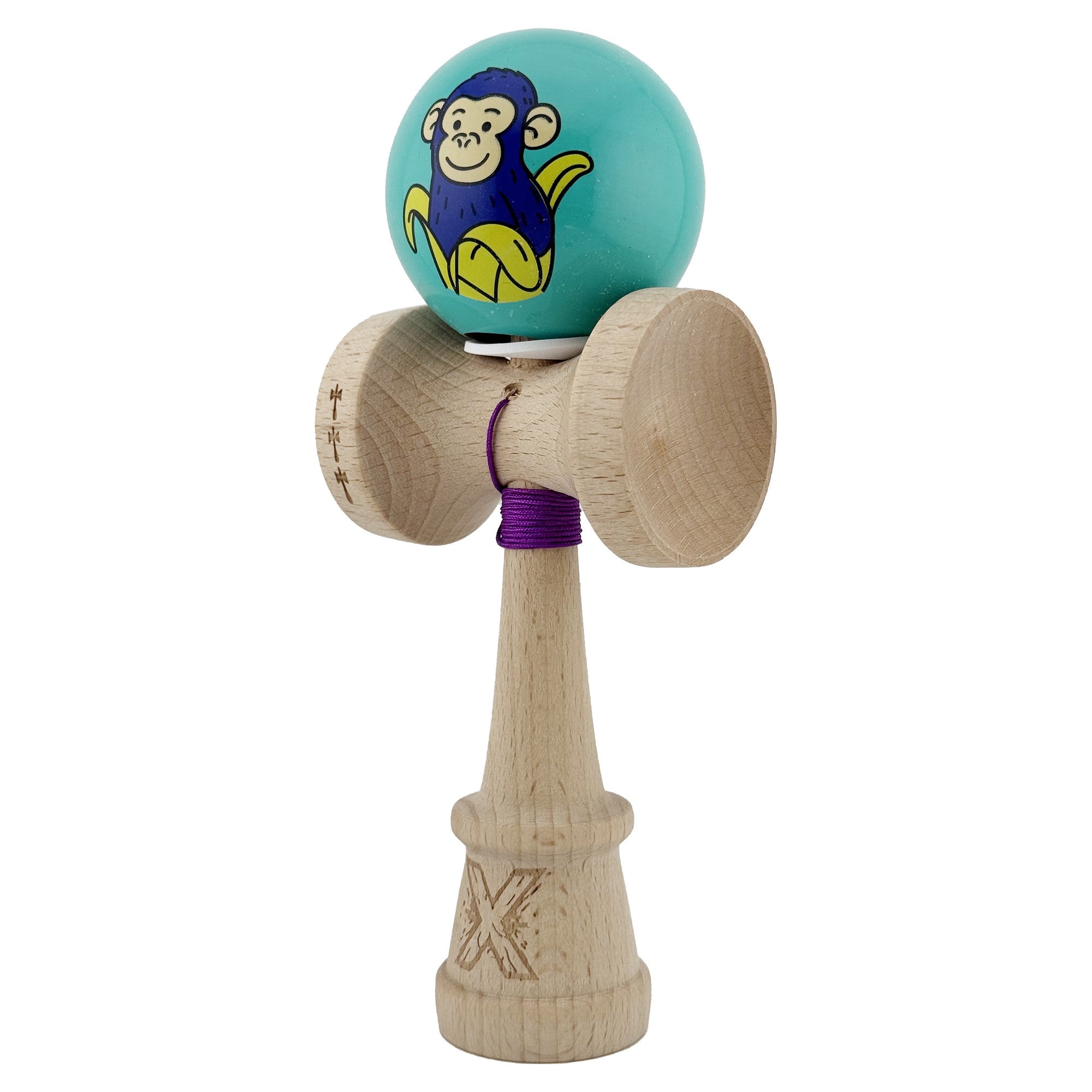 Kendama X Originala, Profesionala, Blue Monkey, Super Sticky cu Cupe Mari King Size V3, Rulment Metalic si Gaura in Baza, din Lemn 18 cm, Ata 62/65 cm, Turcoaz