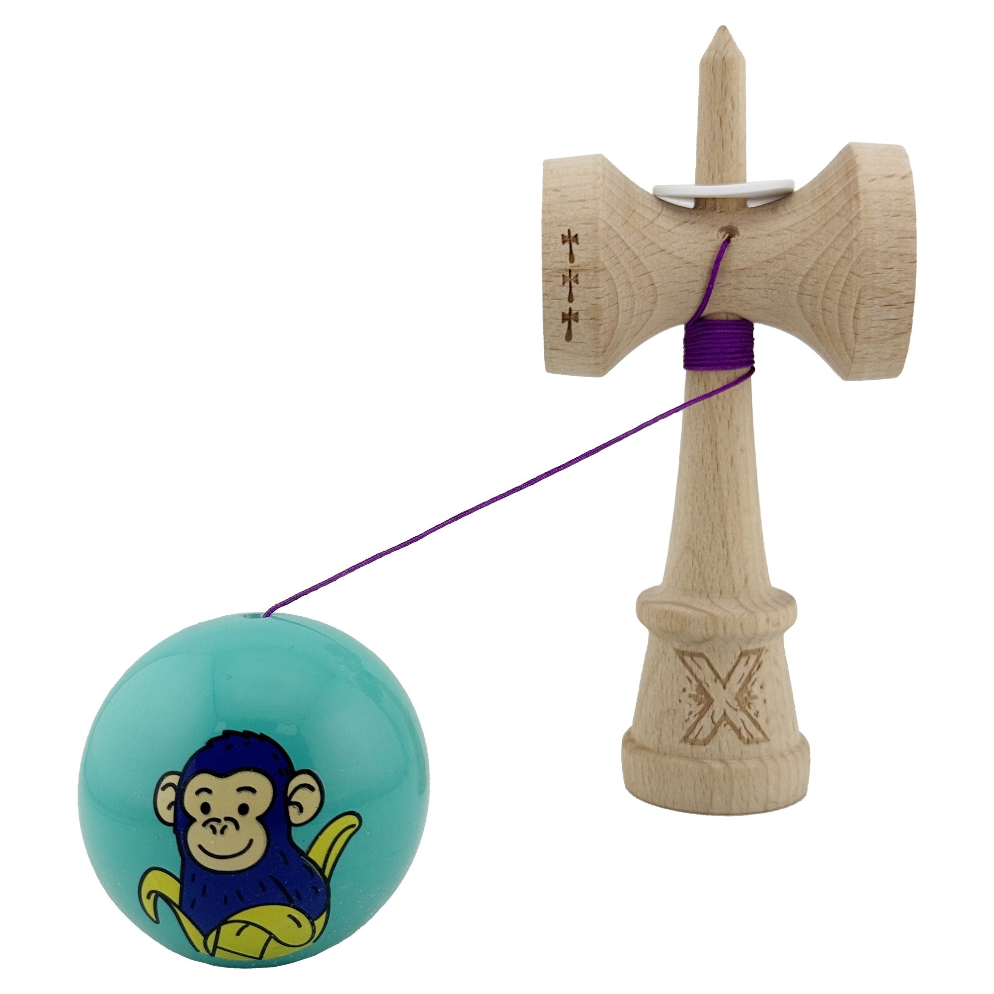 Kendama X Originala, Profesionala, Blue Monkey, Super Sticky cu Cupe Mari King Size V3, Rulment Metalic si Gaura in Baza, din Lemn 18 cm, Ata 62/65 cm, Turcoaz