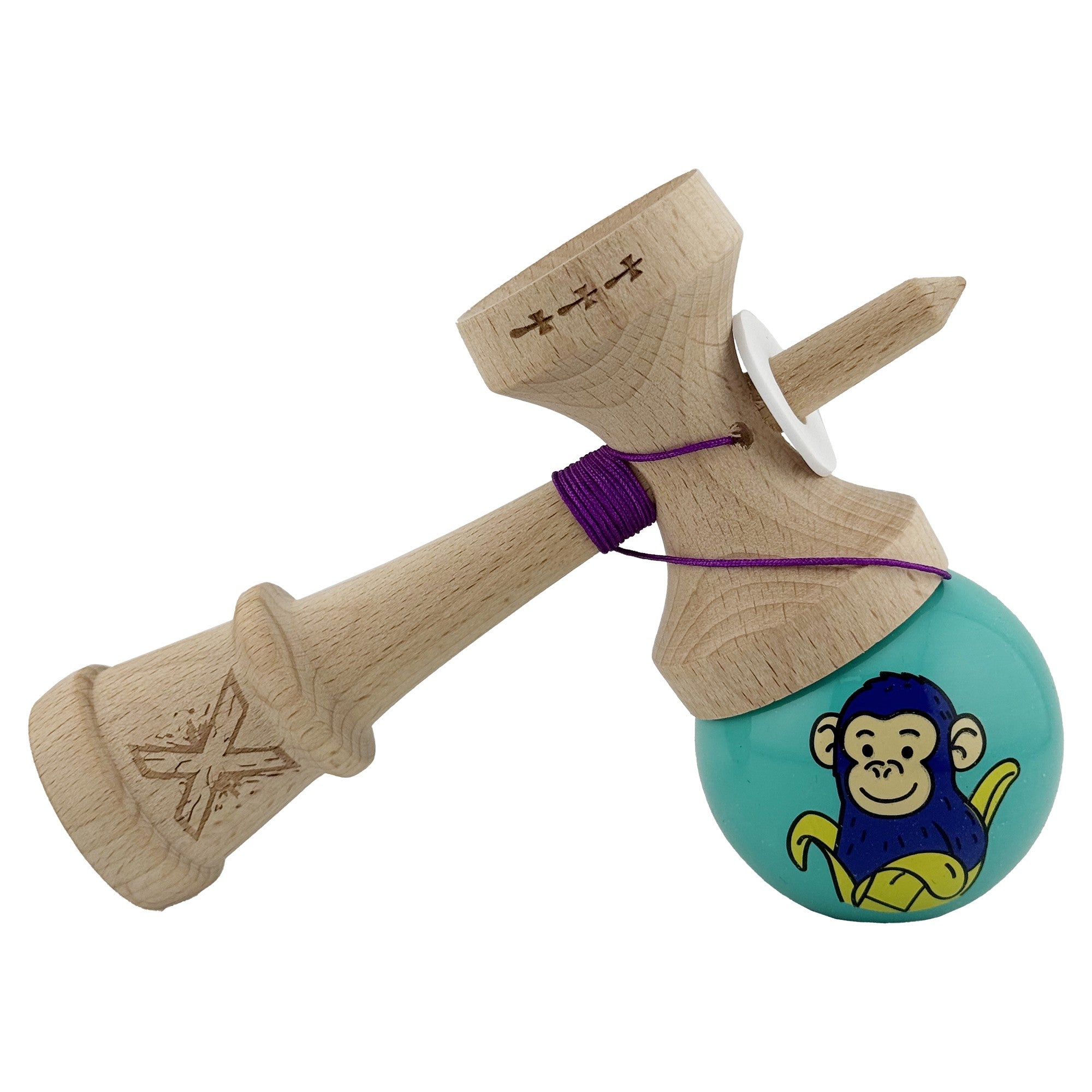 Kendama X Originala, Profesionala, Blue Monkey, Super Sticky cu Cupe Mari King Size V3, Rulment Metalic si Gaura in Baza, din Lemn 18 cm, Ata 62/65 cm, Turcoaz