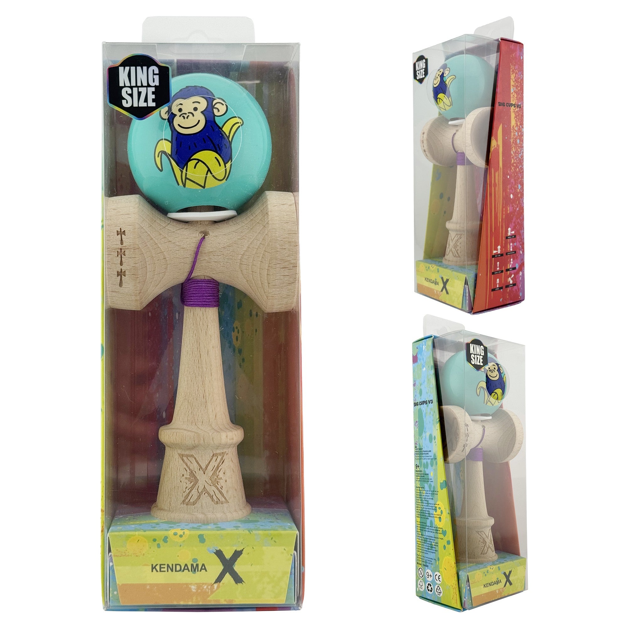 Kendama X Originala, Profesionala, Blue Monkey, Super Sticky cu Cupe Mari King Size V3, Rulment Metalic si Gaura in Baza, din Lemn 18 cm, Ata 62/65 cm, Turcoaz