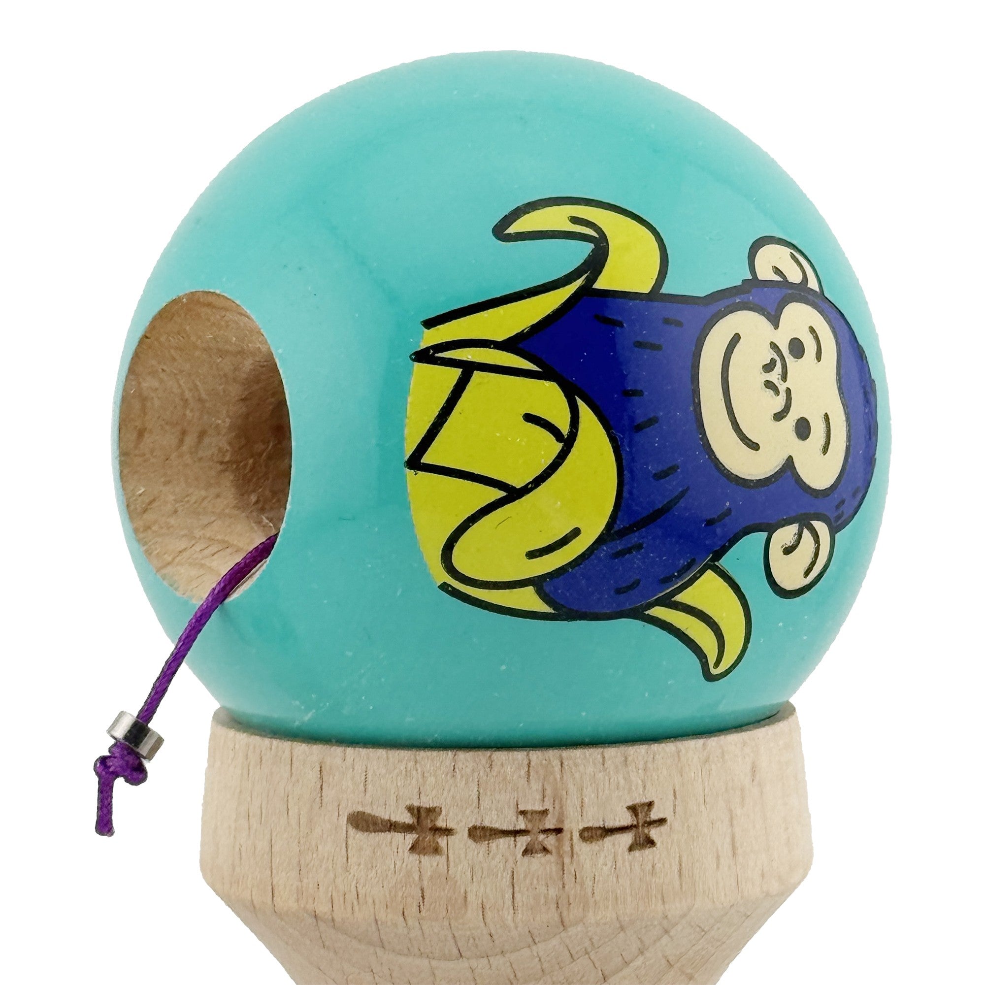 Kendama X Originala, Profesionala, Blue Monkey, Super Sticky cu Cupe Mari King Size V3, Rulment Metalic si Gaura in Baza, din Lemn 18 cm, Ata 62/65 cm, Turcoaz