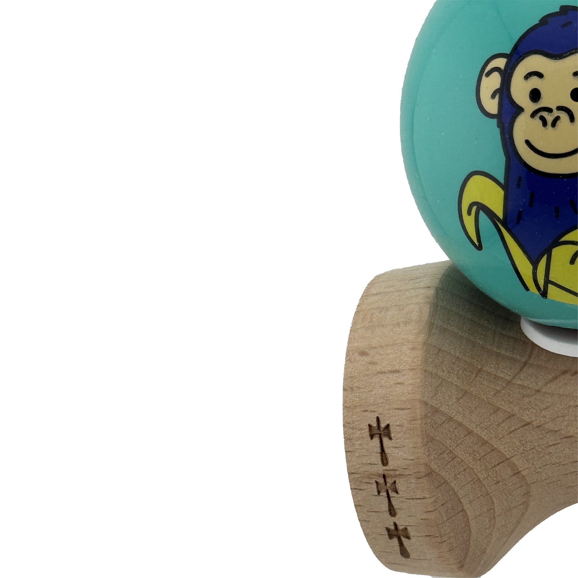 Kendama X Originala, Profesionala, Blue Monkey, Super Sticky cu Cupe Mari King Size V3, Rulment Metalic si Gaura in Baza, din Lemn 18 cm, Ata 62/65 cm, Turcoaz
