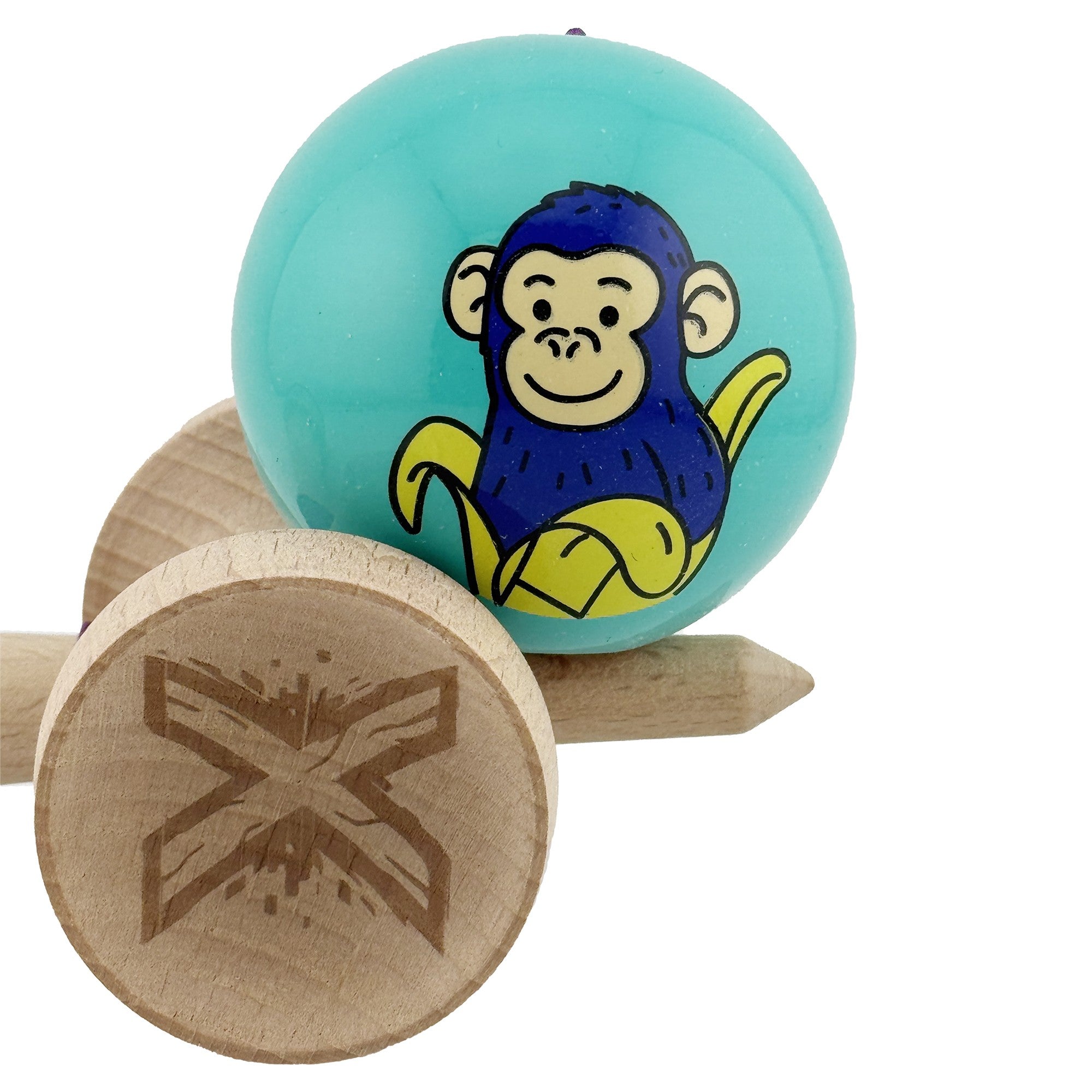 Kendama X Originala, Profesionala, Blue Monkey, Super Sticky cu Cupe Mari King Size V3, Rulment Metalic si Gaura in Baza, din Lemn 18 cm, Ata 62/65 cm, Turcoaz
