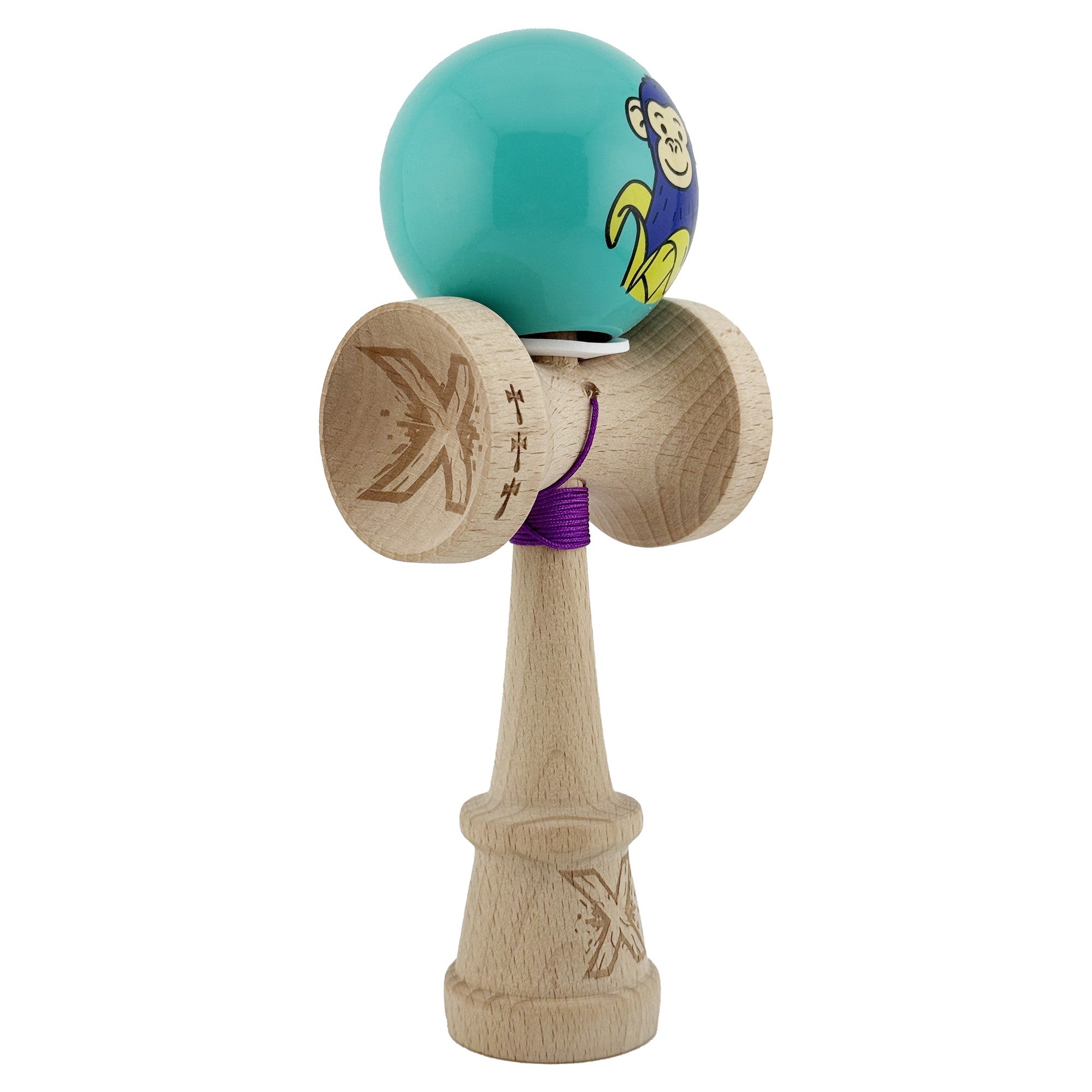 Kendama X Originala, Profesionala, Blue Monkey, Super Sticky cu Cupe Mari King Size V3, Rulment Metalic si Gaura in Baza, din Lemn 18 cm, Ata 62/65 cm, Turcoaz