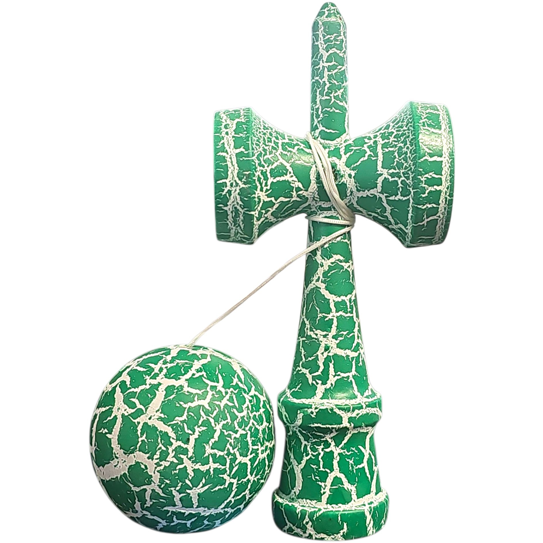 Kendama X Originala, Profesionala, Cracked, din Lemn, 18 cm, Verde/Alb