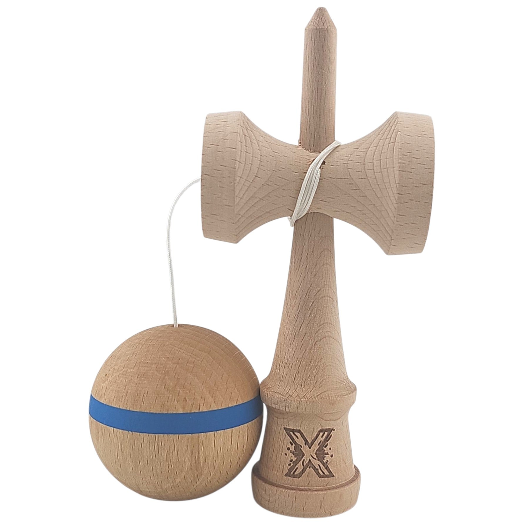 Kendama X Originala, Profesionala, din Lemn, 18 cm, Special, Model cu Dunga, Albastru