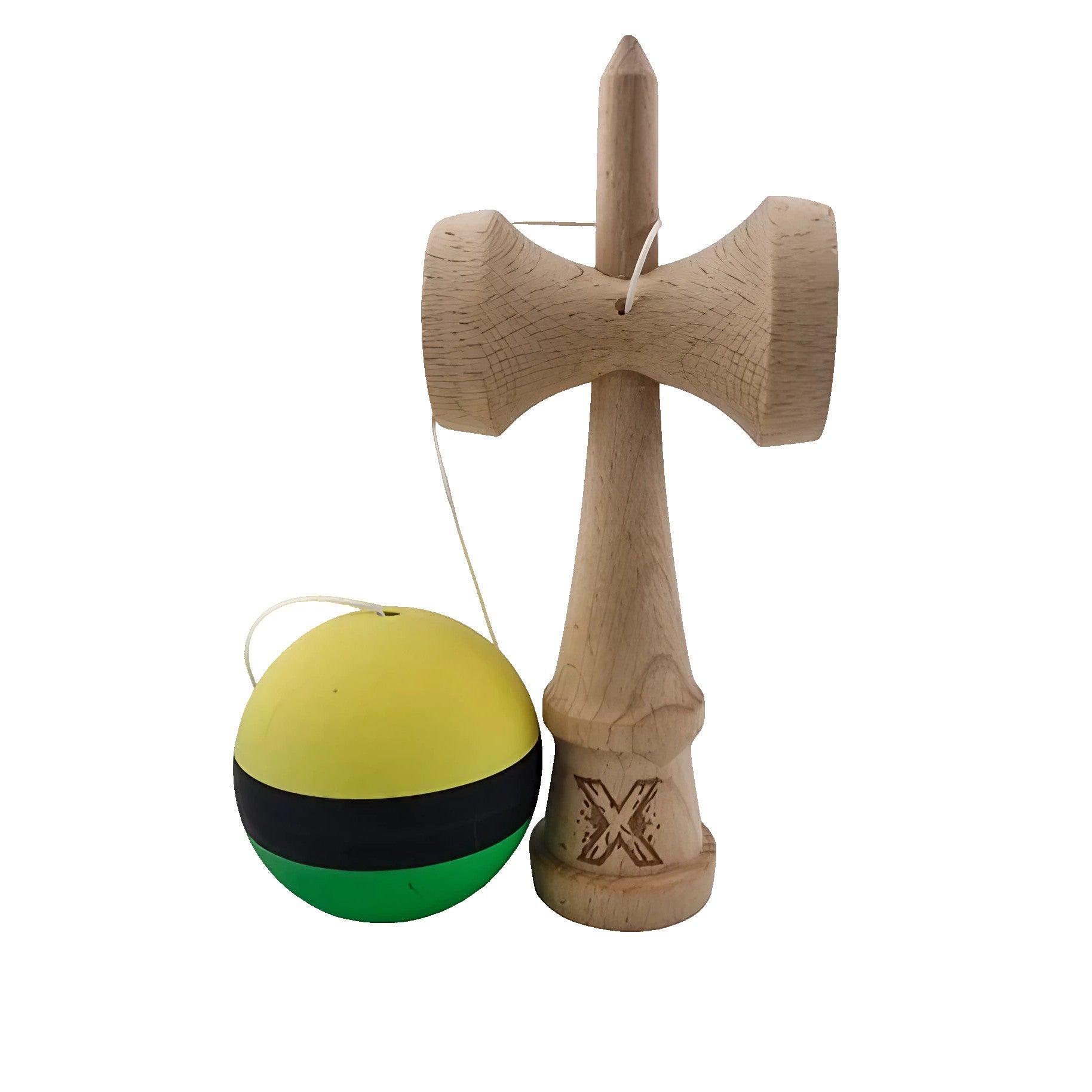Kendama X Originala, Profesionala, din Lemn, Rubber Grip, 18 cm, Galben/Negru/Verde