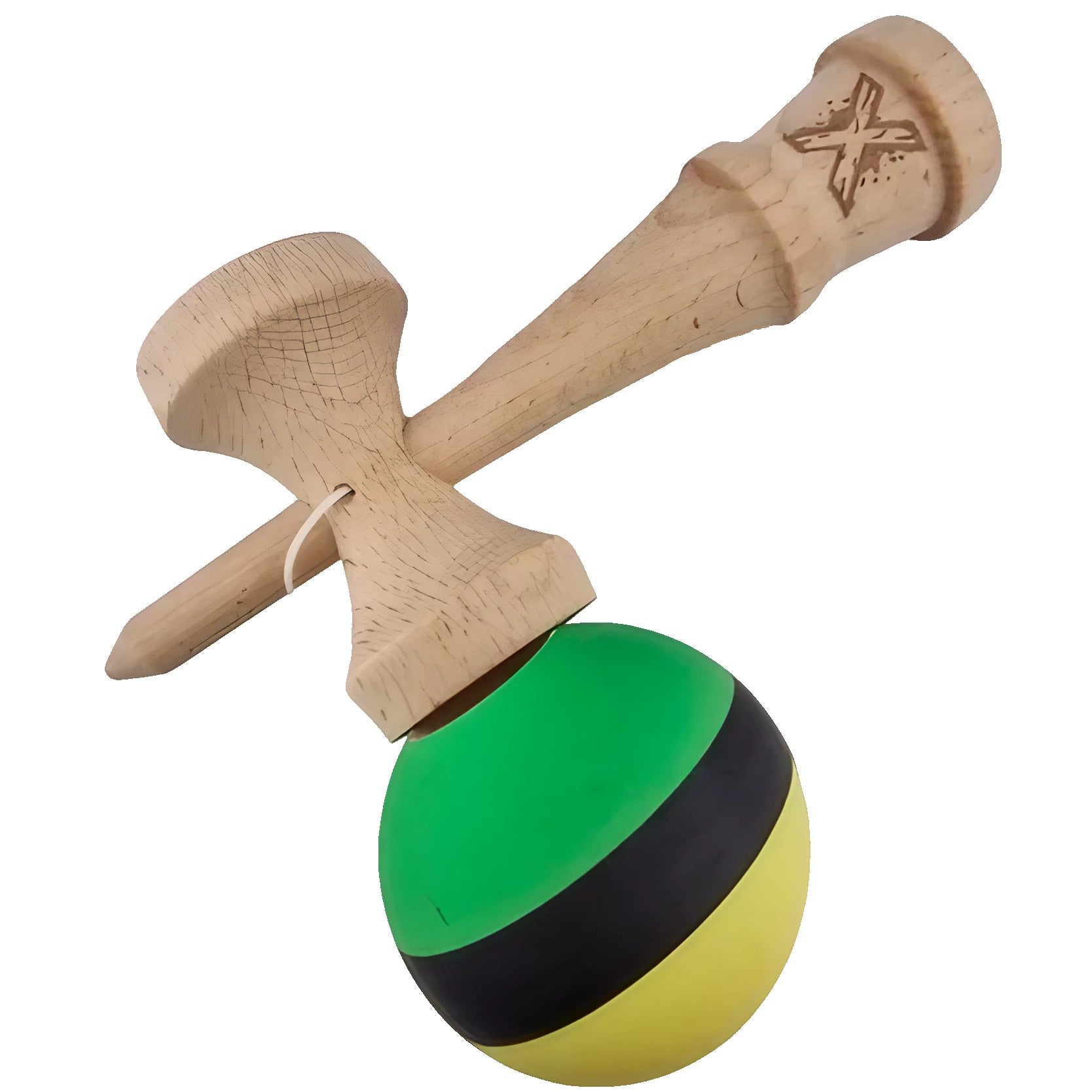 Kendama X Originala, Profesionala, din Lemn, Rubber Grip, 18 cm, Galben/Negru/Verde