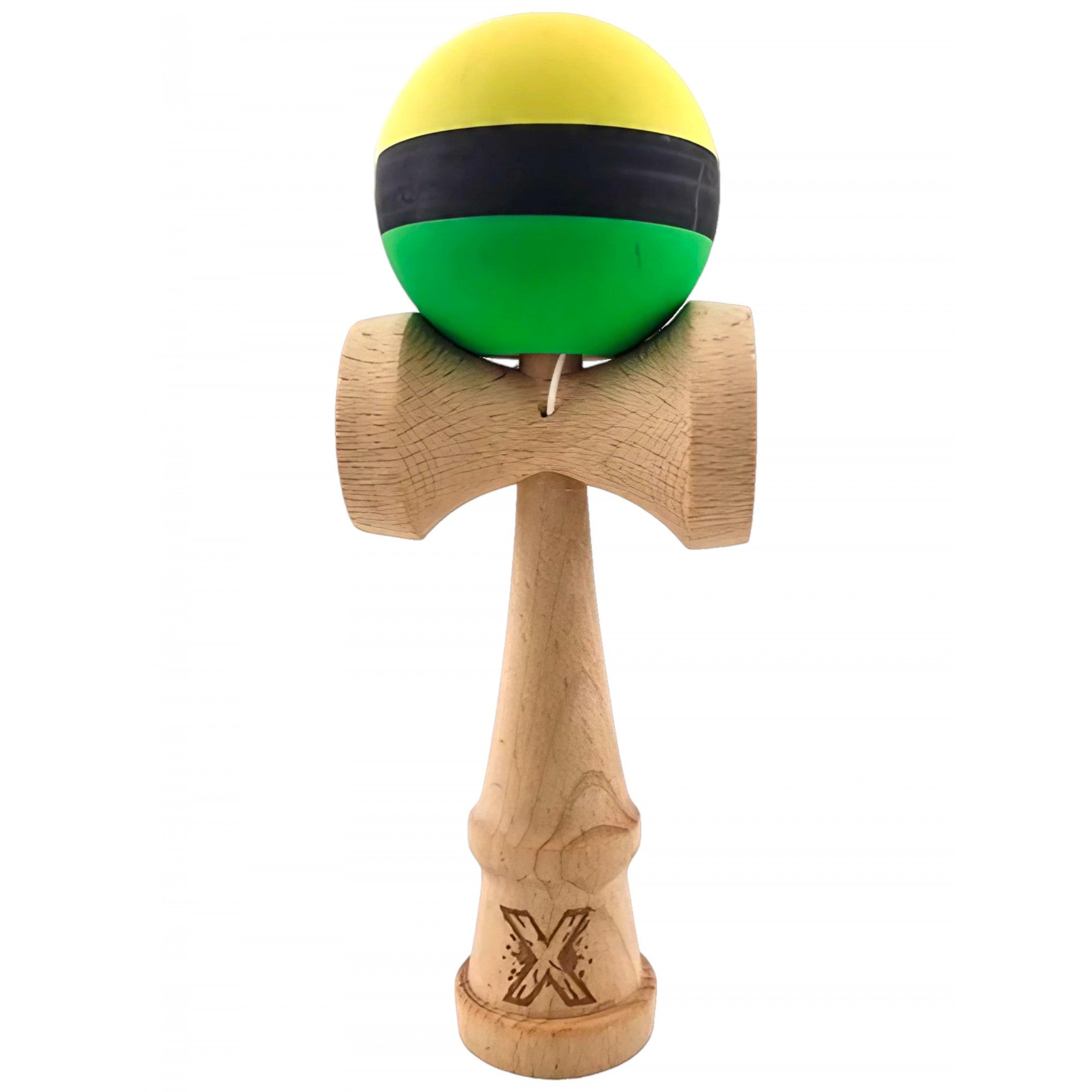Kendama X Originala, Profesionala, din Lemn, Rubber Grip, 18 cm, Galben/Negru/Verde
