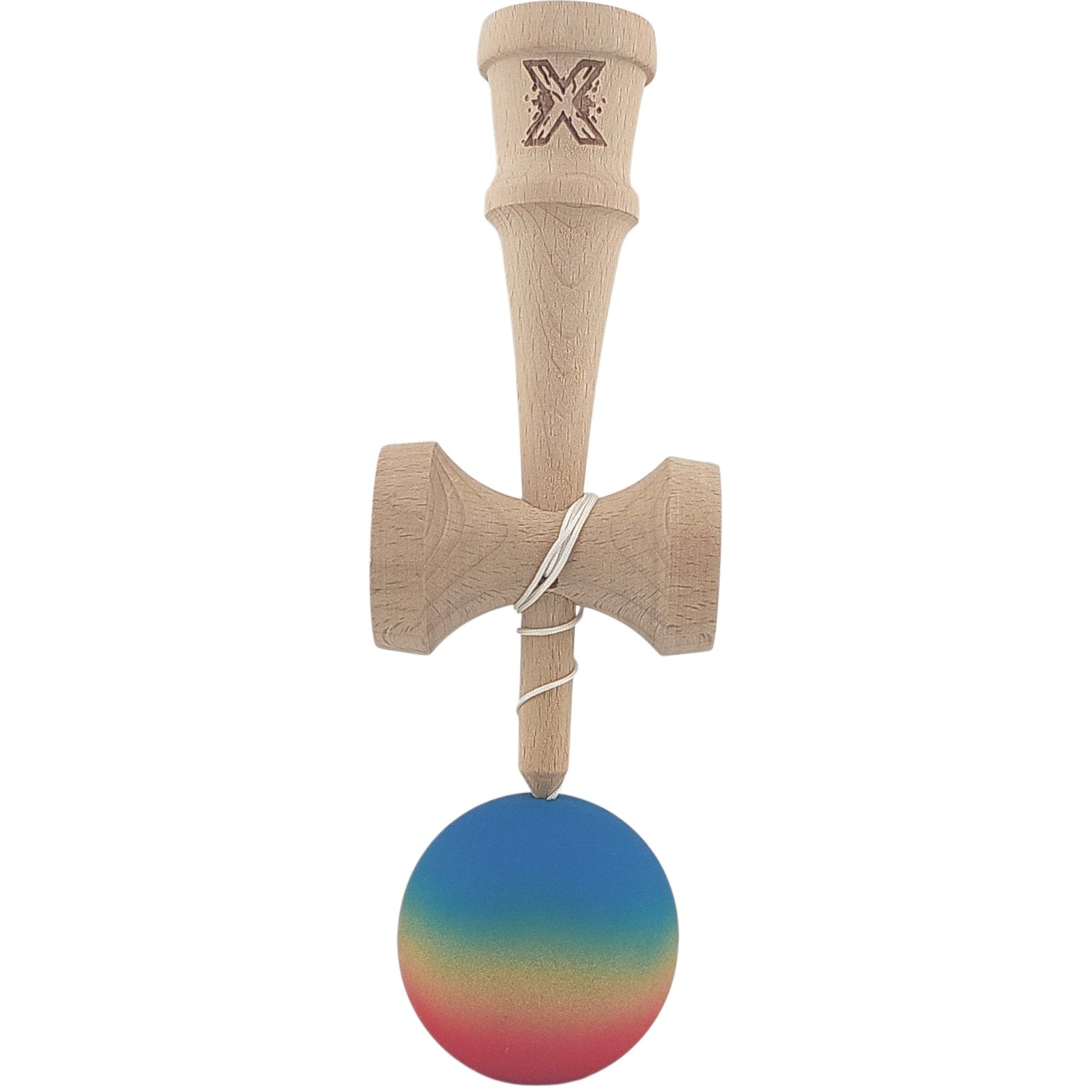 Kendama X Originala, Profesionala, din Lemn, Rubber Grip, 18 cm, Gradient Albastru/Galben/Rosu