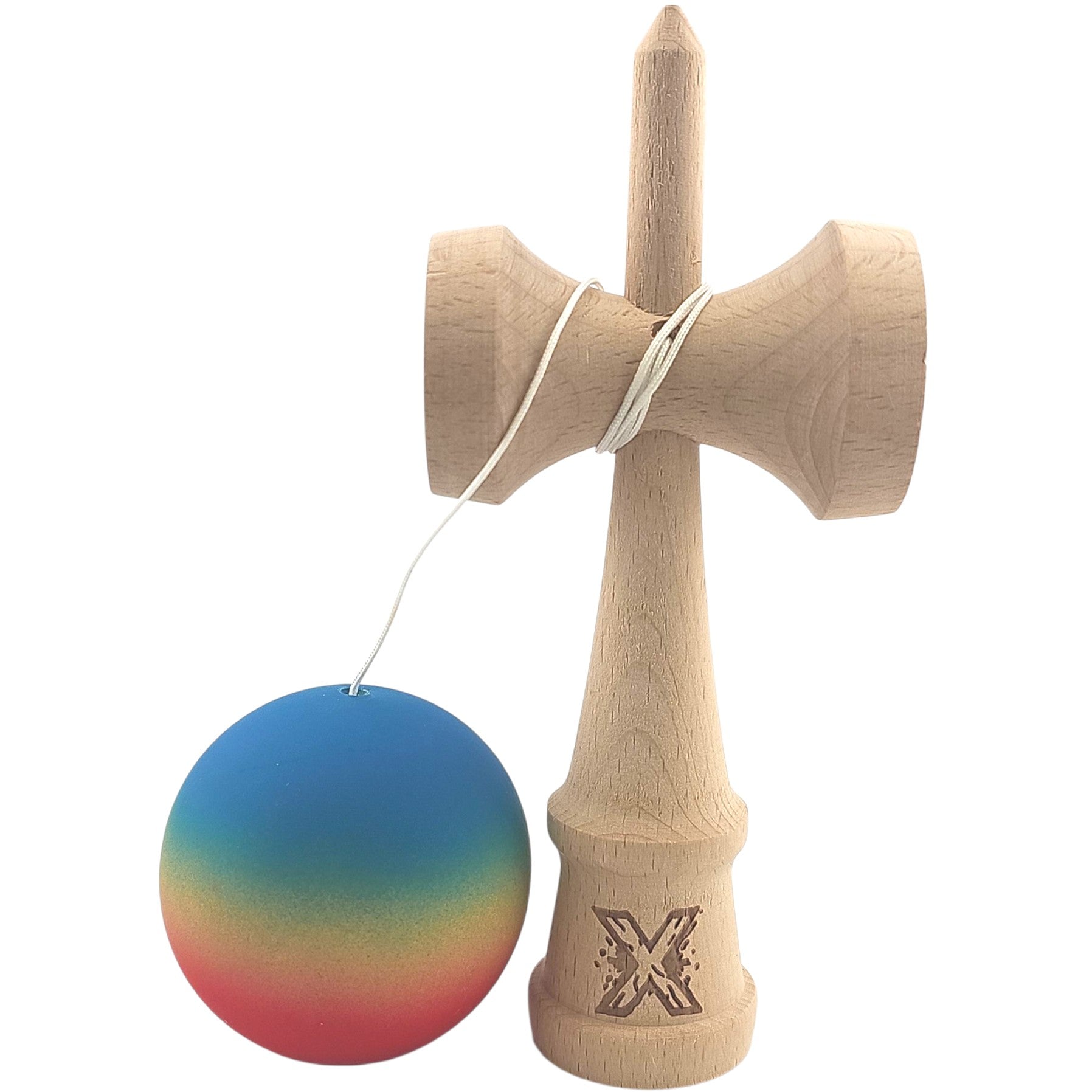 Kendama X Originala, Profesionala, din Lemn, Rubber Grip, 18 cm, Gradient Albastru/Galben/Rosu