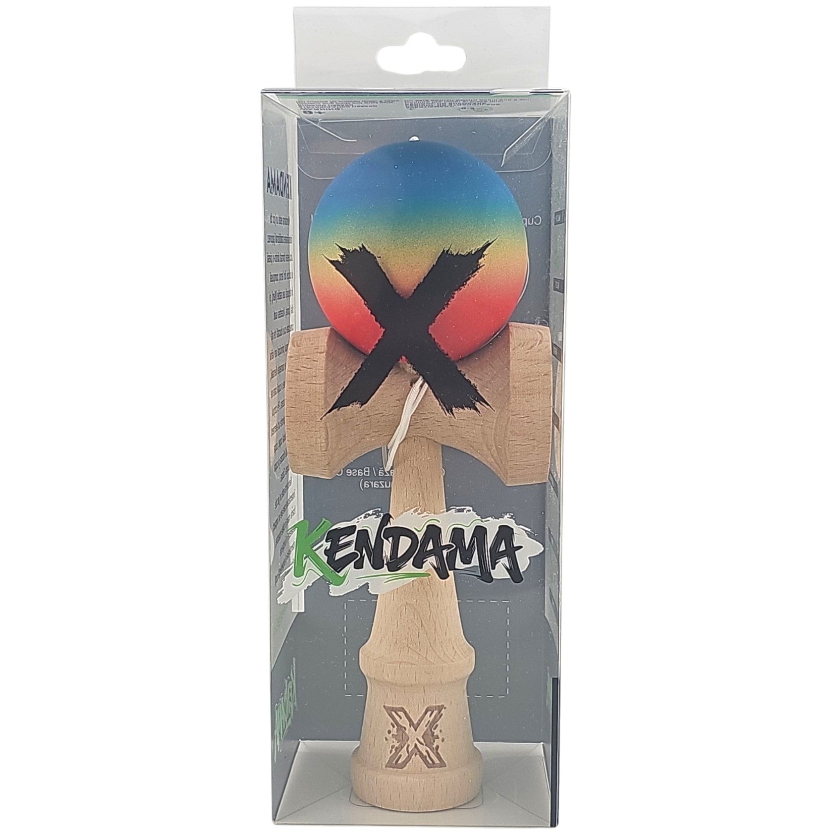 Kendama X Originala, Profesionala, din Lemn, Rubber Grip, 18 cm, Gradient Albastru/Galben/Rosu