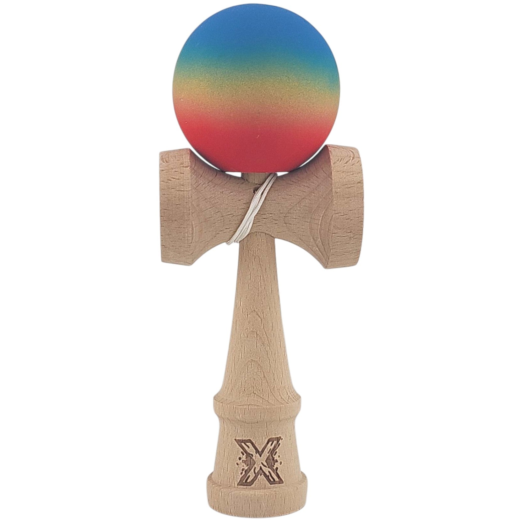 Kendama X Originala, Profesionala, din Lemn, Rubber Grip, 18 cm, Gradient Albastru/Galben/Rosu