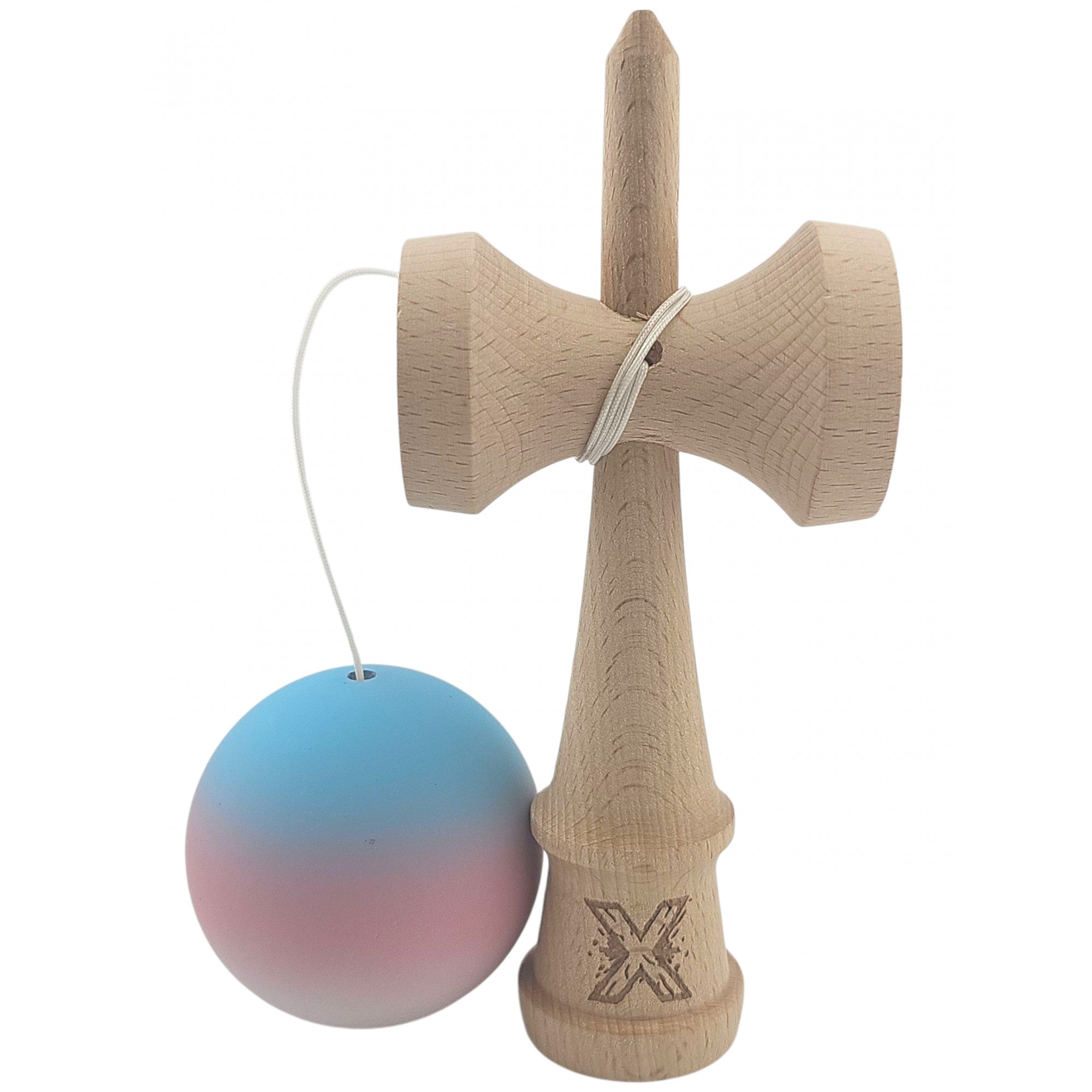 Kendama X Originala, Profesionala, din Lemn, Rubber Grip, 18 cm, Gradient Albastru/Roz/Alb