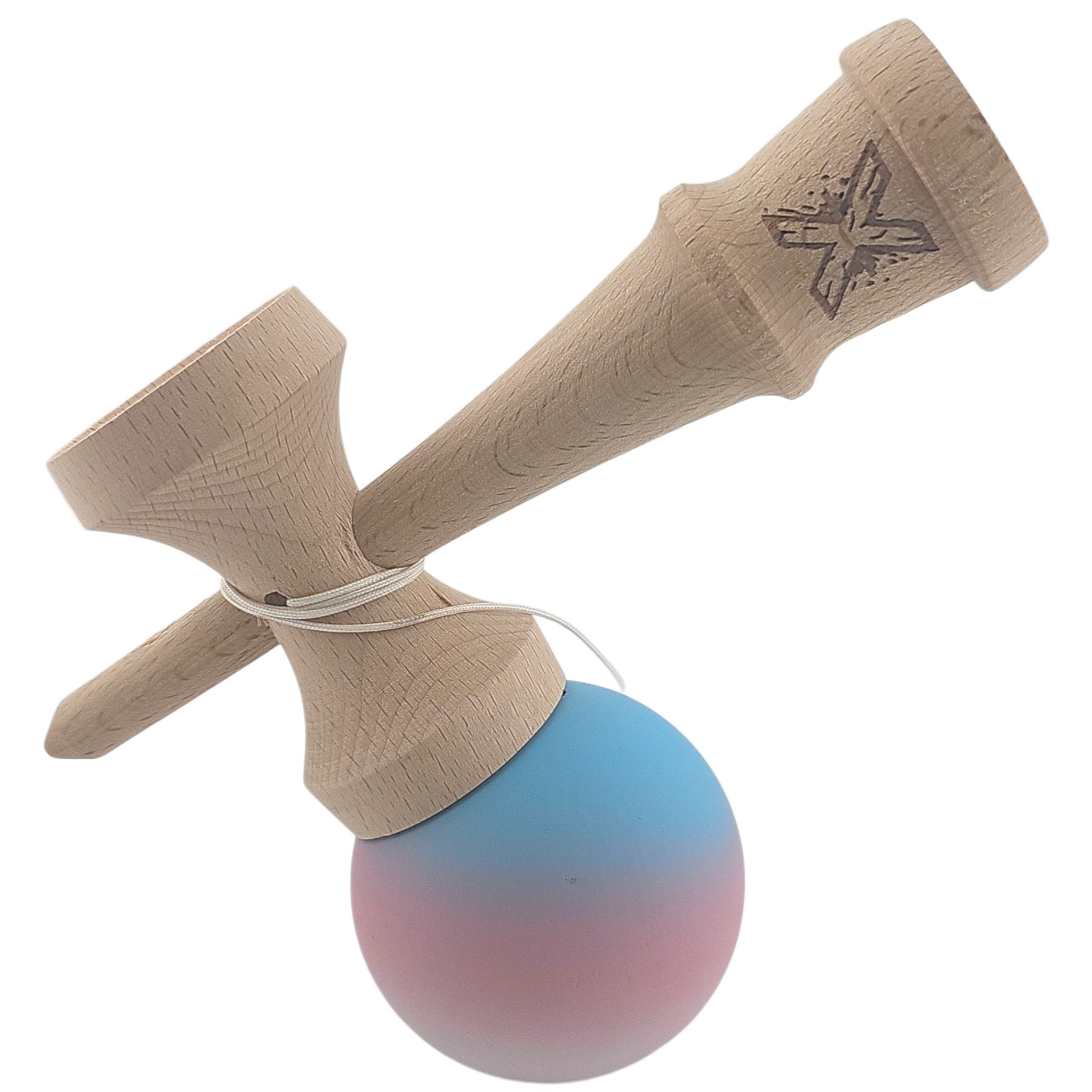 Kendama X Originala, Profesionala, din Lemn, Rubber Grip, 18 cm, Gradient Albastru/Roz/Alb
