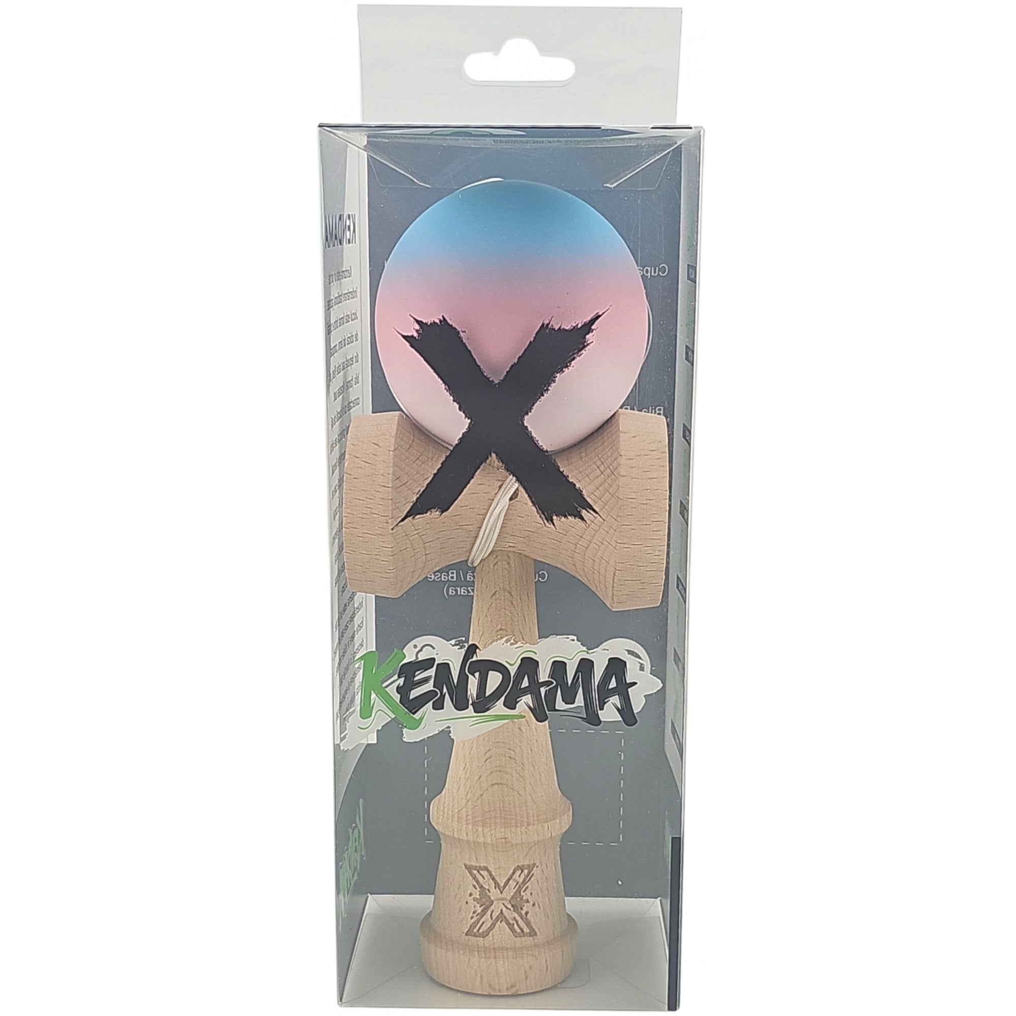 Kendama X Originala, Profesionala, din Lemn, Rubber Grip, 18 cm, Gradient Albastru/Roz/Alb