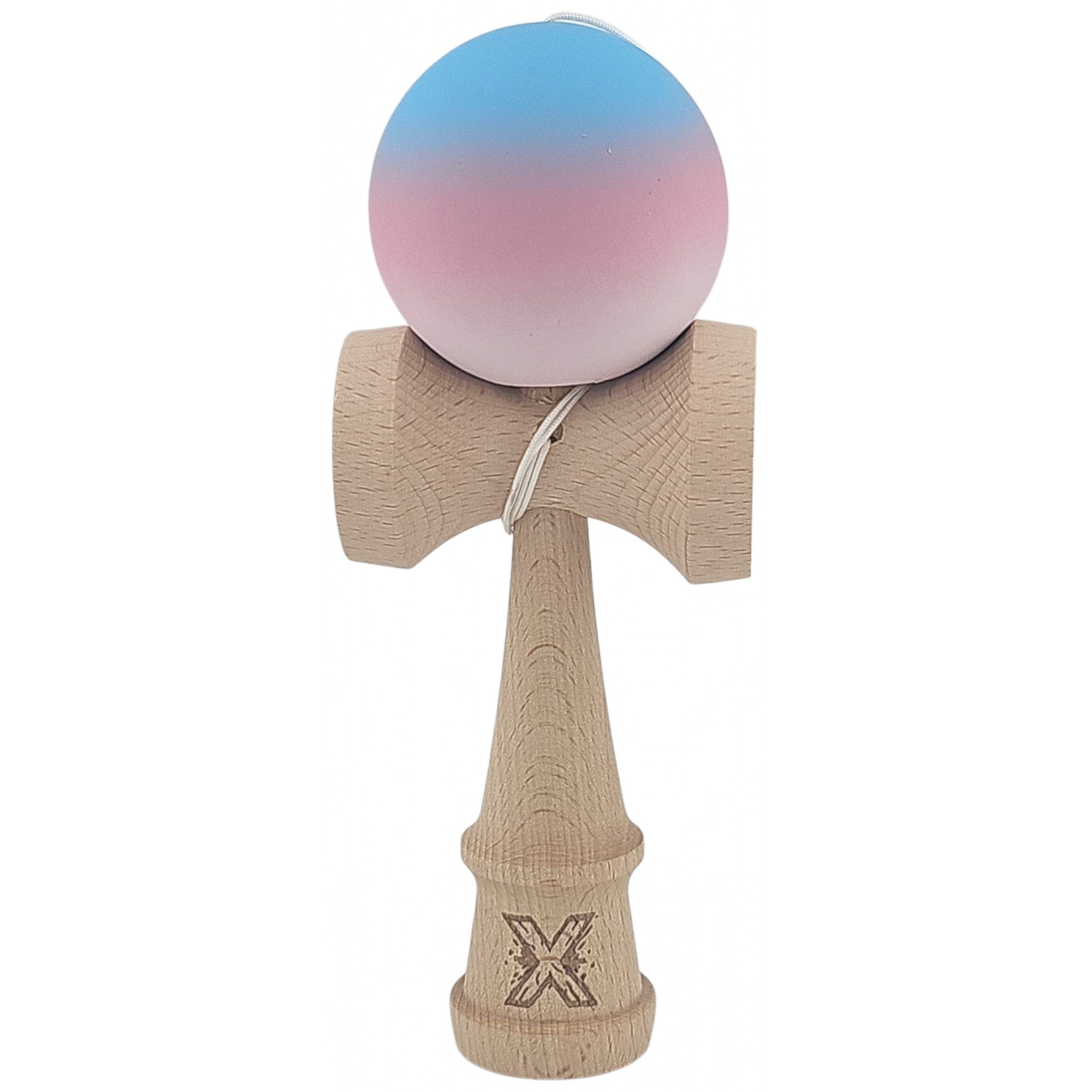 Kendama X Originala, Profesionala, din Lemn, Rubber Grip, 18 cm, Gradient Albastru/Roz/Alb