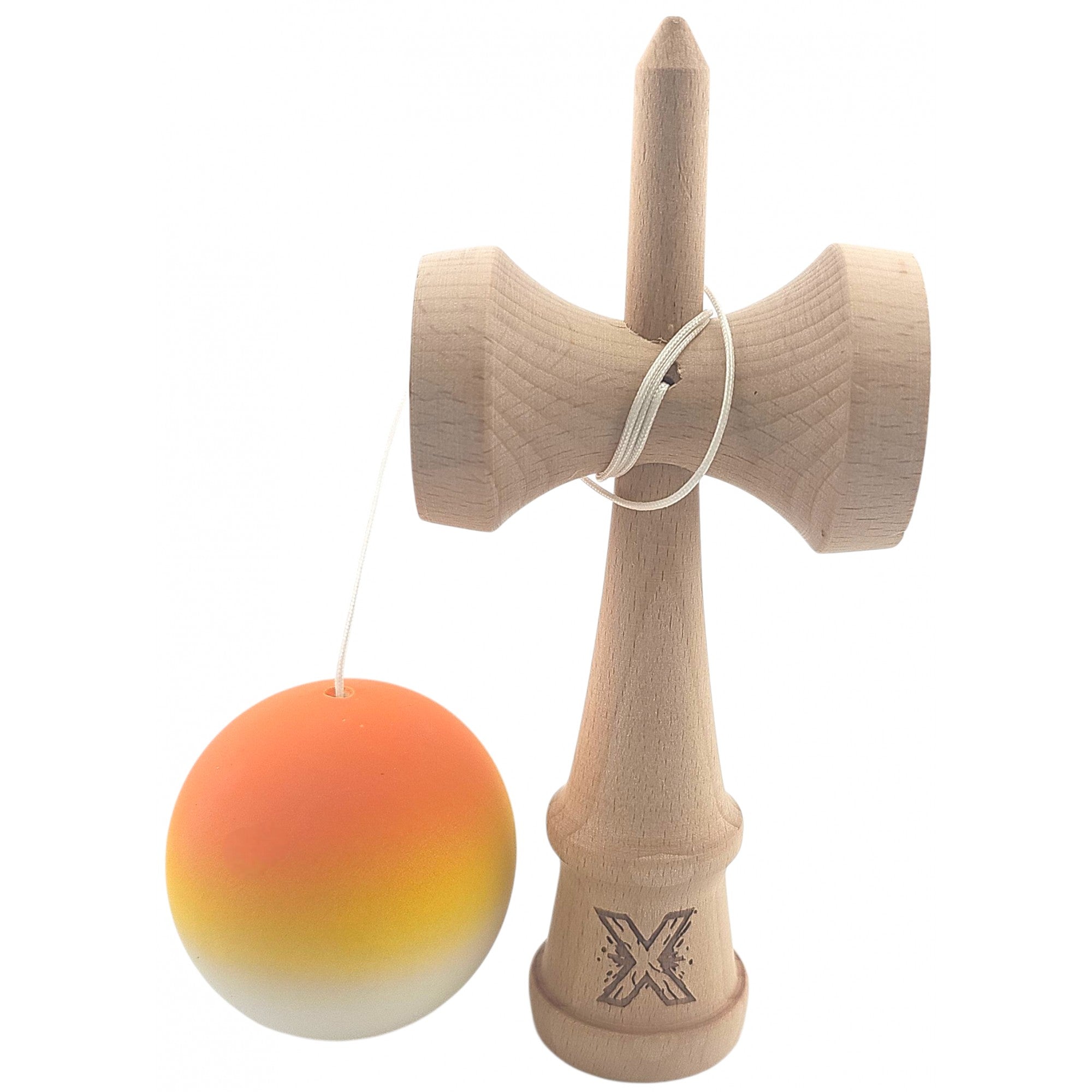 Kendama X Originala, Profesionala, din Lemn, Rubber Grip, 18 cm, Gradient Portocaliu/Galben/Alb