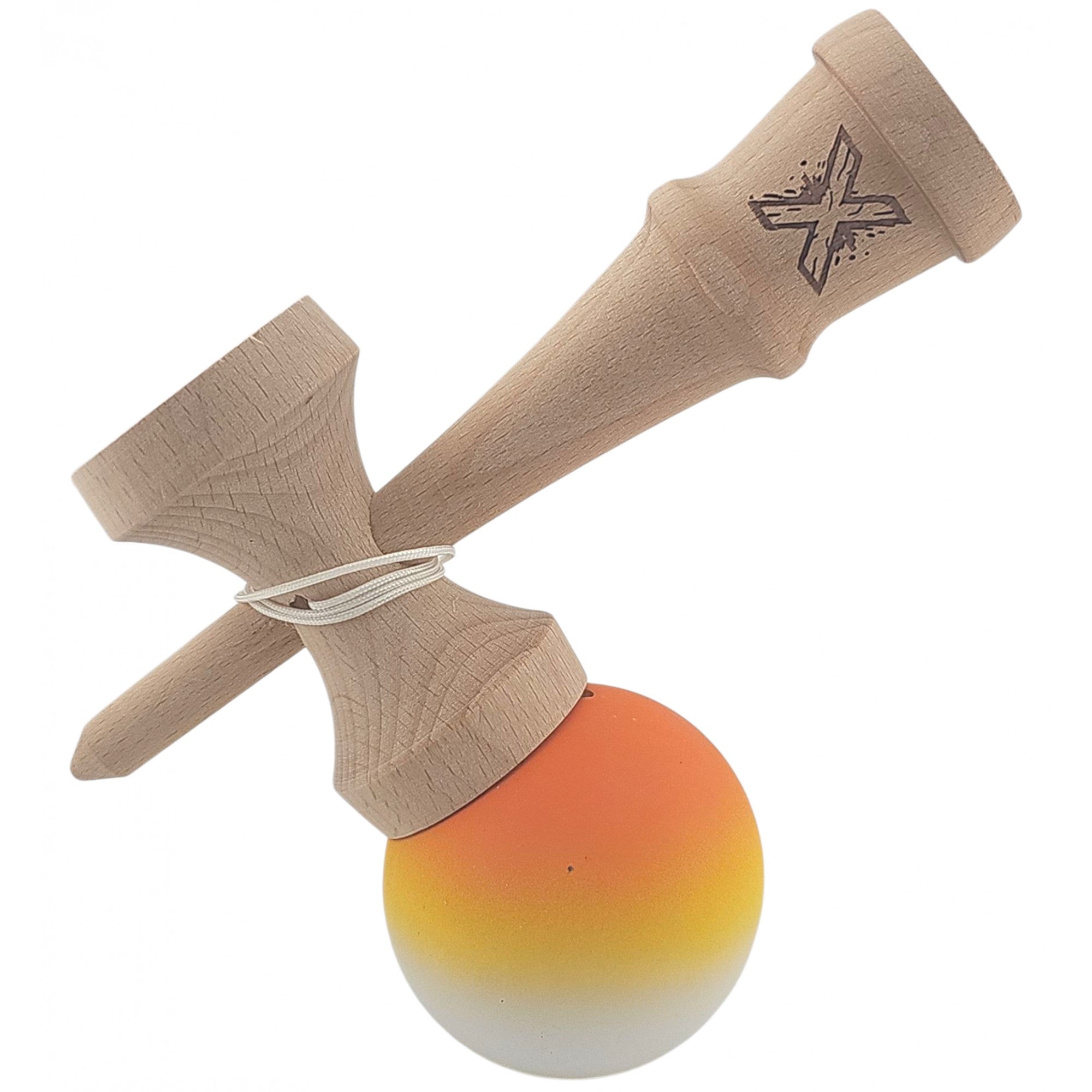 Kendama X Originala, Profesionala, din Lemn, Rubber Grip, 18 cm, Gradient Portocaliu/Galben/Alb