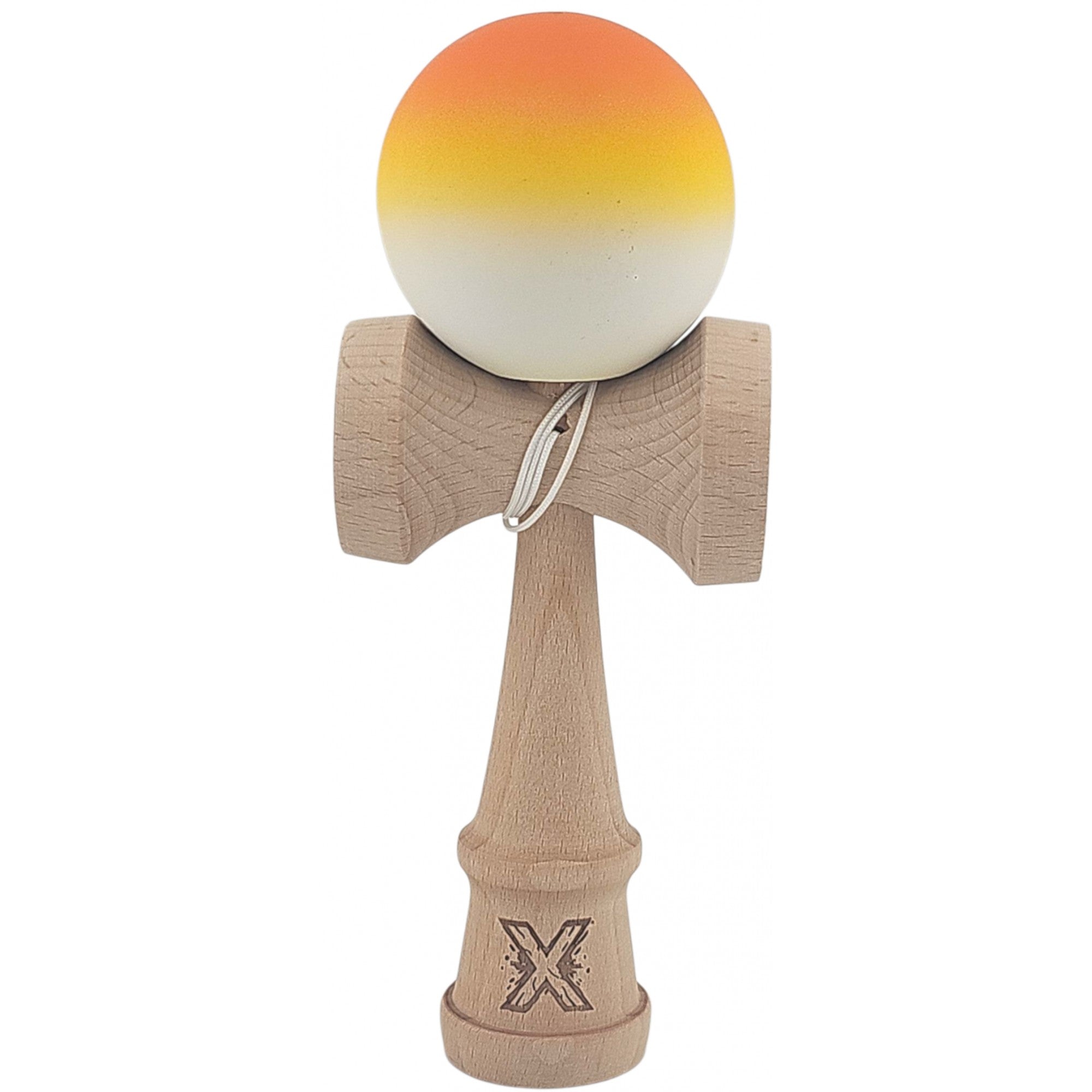 Kendama X Originala, Profesionala, din Lemn, Rubber Grip, 18 cm, Gradient Portocaliu/Galben/Alb