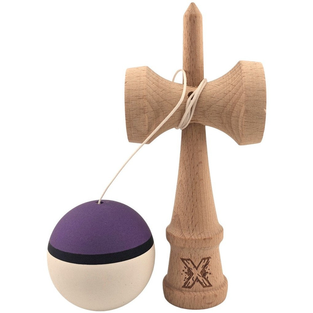 Kendama X Originala, Profesionala, din Lemn, Rubber Grip, 18 cm, Mov/Negru/Alb