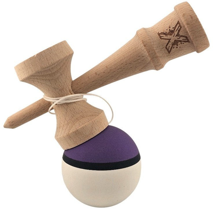 Kendama X Originala, Profesionala, din Lemn, Rubber Grip, 18 cm, Mov/Negru/Alb